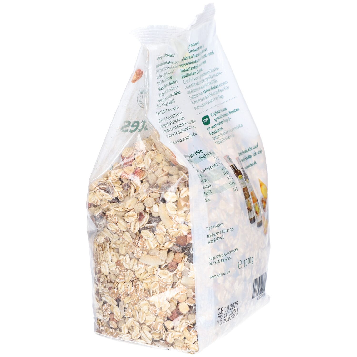 Rückseite der Müsli-Verpackung. Text: Inhaltsstoffe, Nährwerte, granoVita. Ansicht von der Seite.