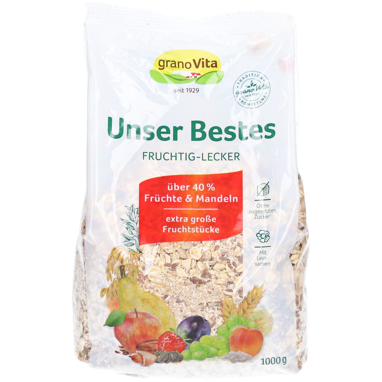Klare Plastikverpackung mit Müsli. Aufschrift: granoVita, Unser Bestes, über 40% Früchte & Mandeln. Abbildung von Früchten.