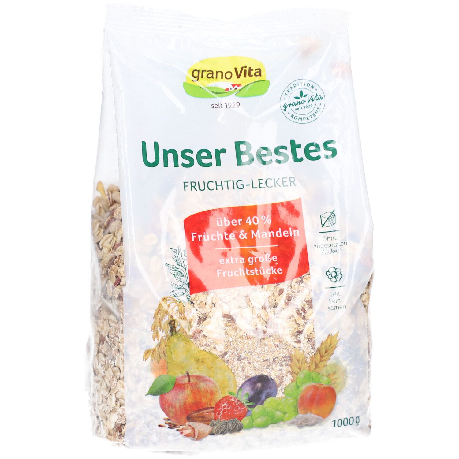 Klare Plastikverpackung mit Müsli. Aufschrift: granoVita, Unser Bestes, über 40% Früchte & Mandeln. Abbildung von Früchten.