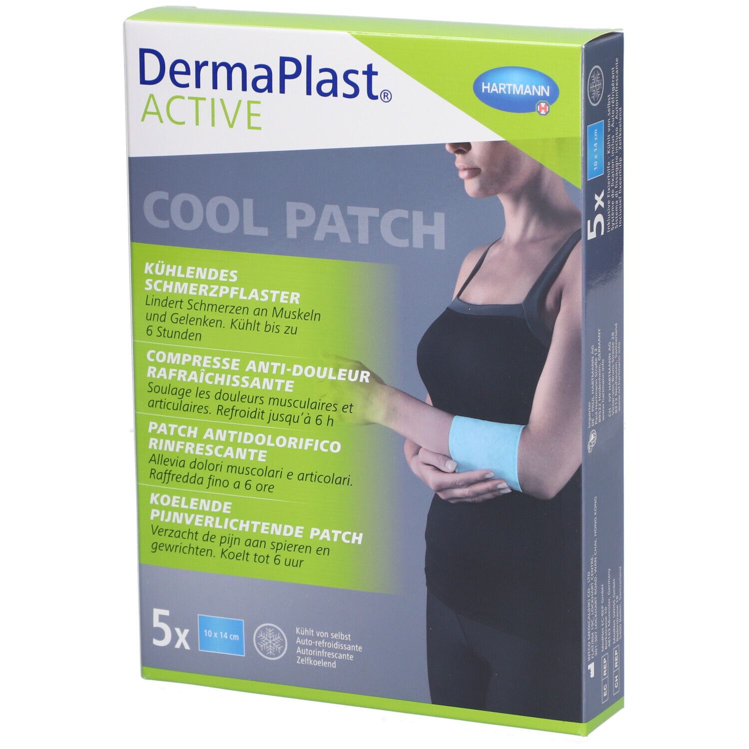 Emballage de Dermaplast Active Cool Patch. Montre une femme avec un patch froid au bras. 5 unités.