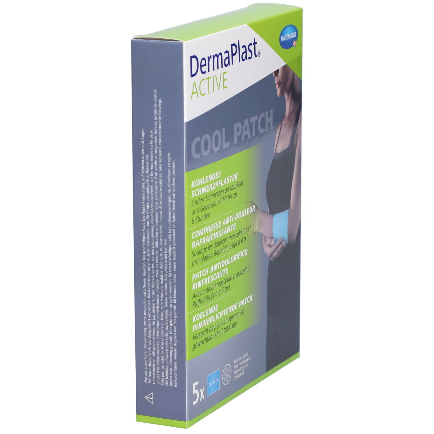 Vue latérale de l'emballage Dermaplast Active Cool Patch. Texte en allemand, français, italien et néerlandais.
