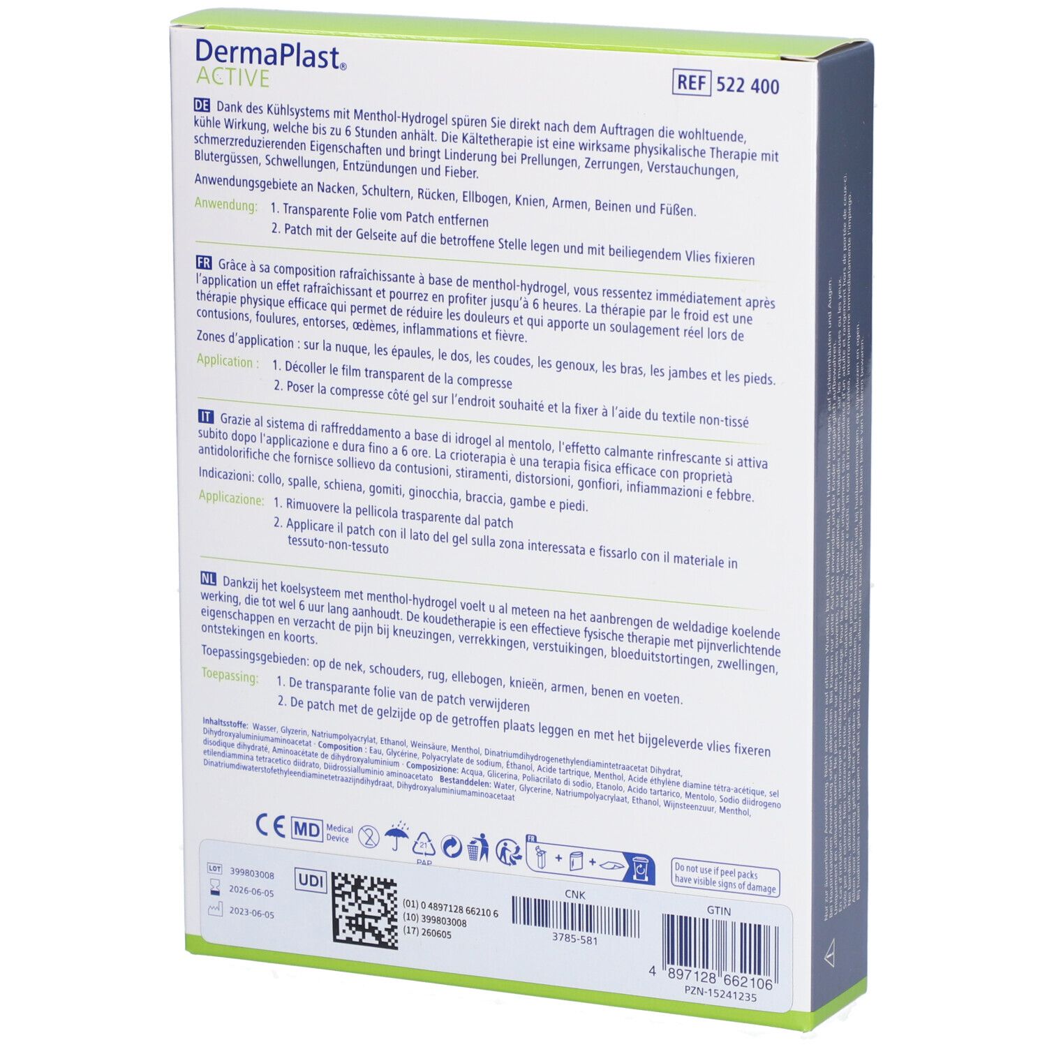 Dos de l'emballage Dermaplast Active Cool Patch. Descriptions et instructions en plusieurs langues.
