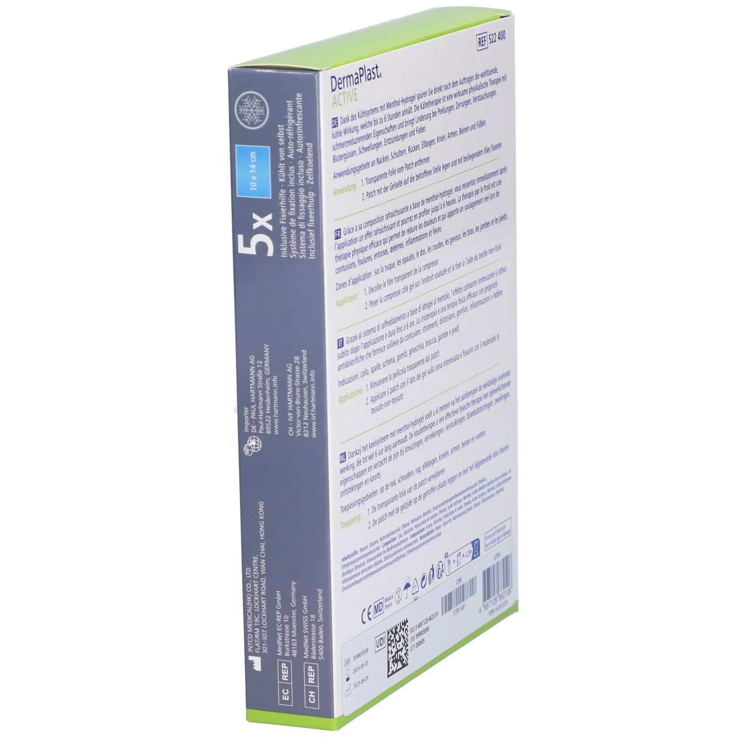 Vue latérale de l'emballage Dermaplast Active Cool Patch. Texte et informations en plusieurs langues.