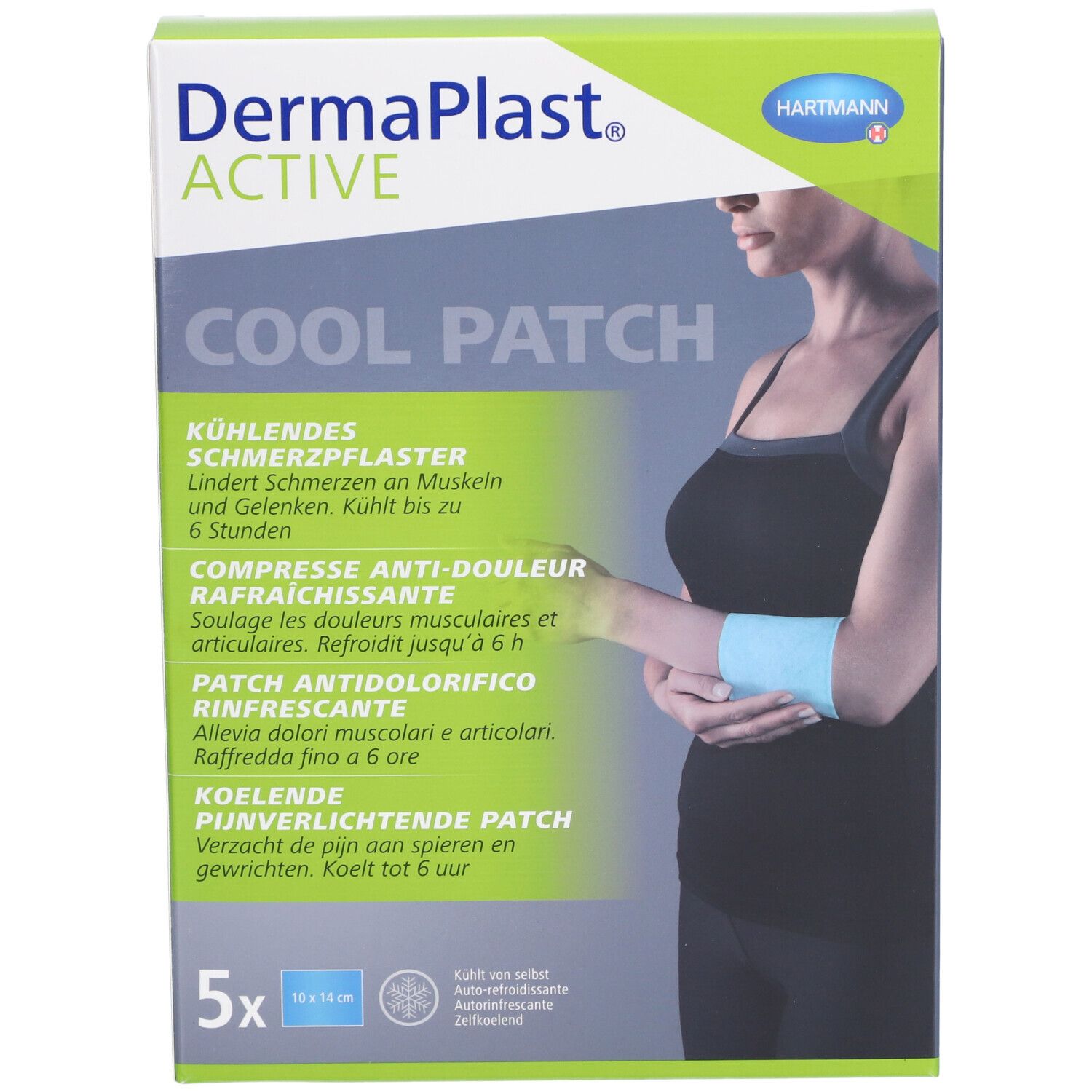 Vue de face de l'emballage Dermaplast Active Cool Patch. Montre une femme avec un patch froid au bras. 5 unités.
