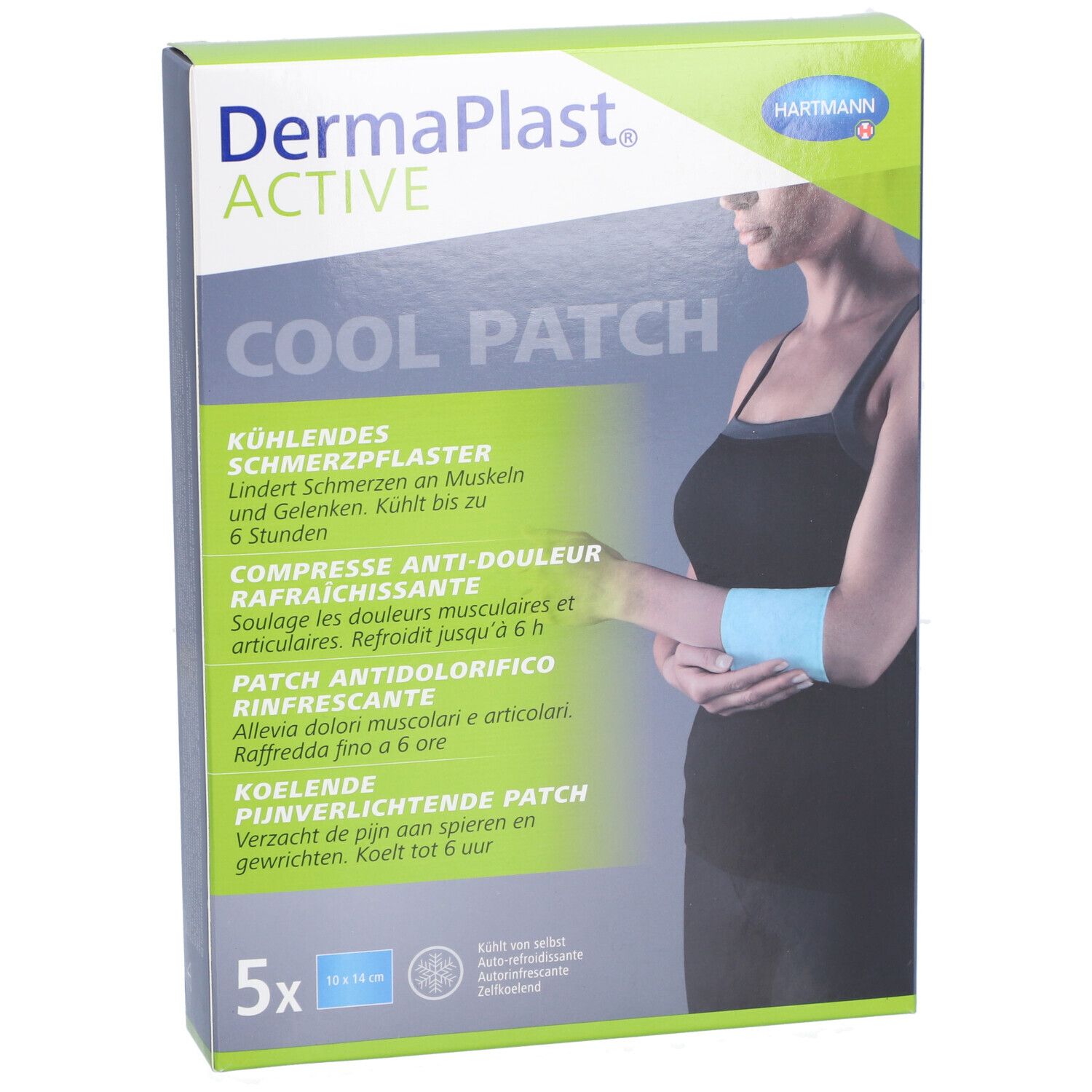 Vue de face de l'emballage Dermaplast Active Cool Patch. Montre une femme avec un patch froid au bras. 5 unités.