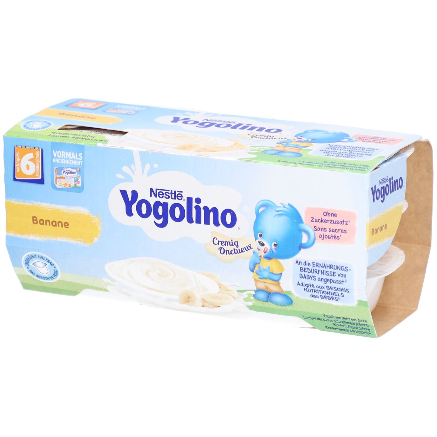 Verpackung mit 6 Bechern Yogolino Banane. Blaue Verpackung mit Produktnamen und Bär-Illustration. Bananenscheiben.