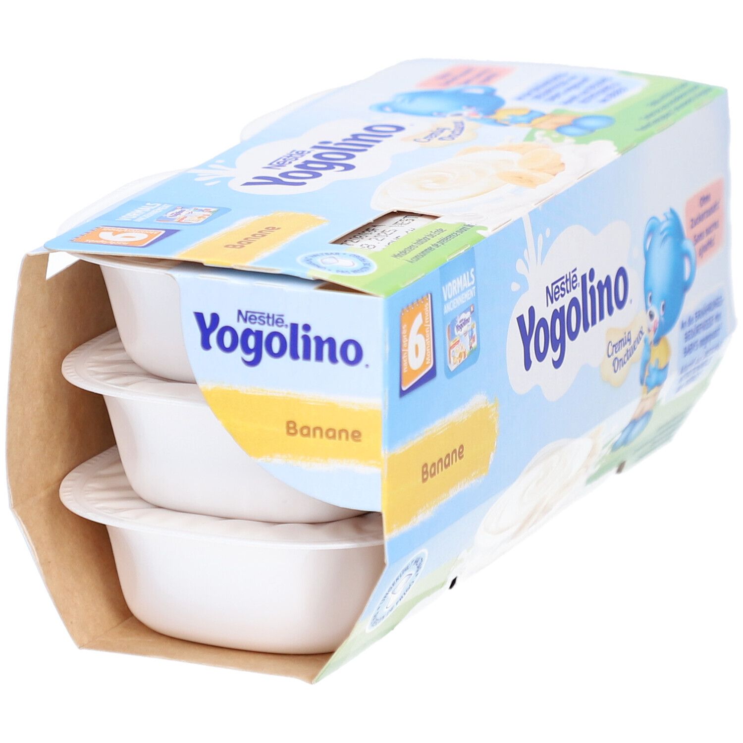 Verpackung mit 3 sichtbaren Yogolino Banane Bechern. Blaue Verpackung mit Produktnamen und Bär-Illustration.