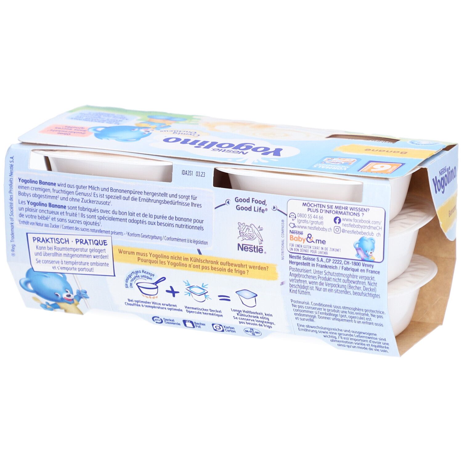 Rückseite der Yogolino Banane Verpackung. Textinformationen, Produktname, Logo und Illustrationen.
