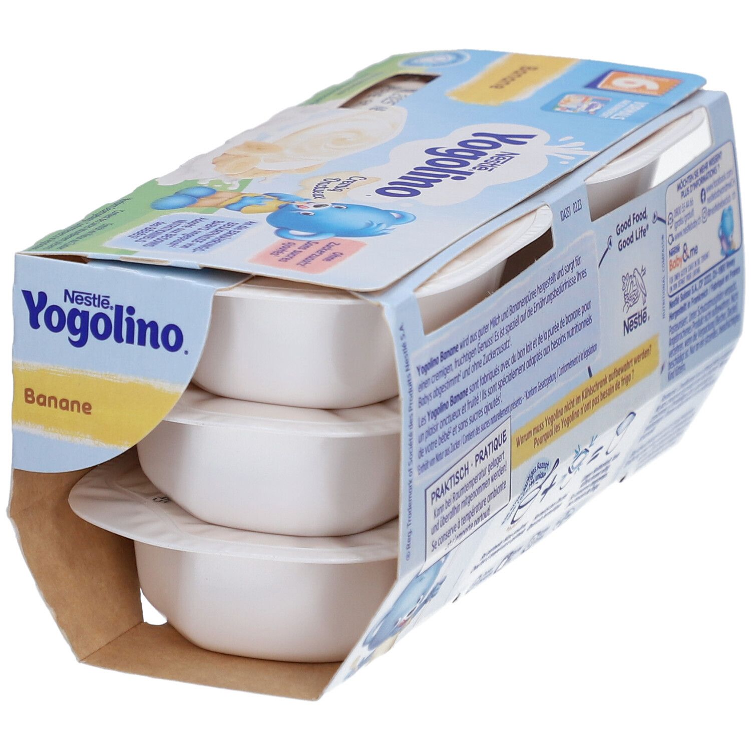 Verpackung mit 3 sichtbaren Yogolino Banane Bechern. Blaue Verpackung mit Produktnamen und Bär-Illustration.