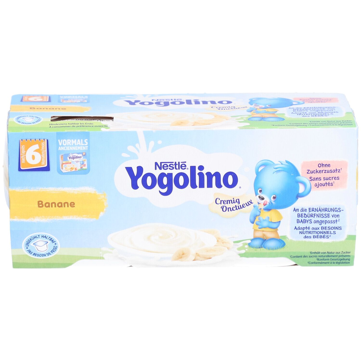 Verpackung mit 6 Bechern Yogolino Banane. Blaue Verpackung mit Produktnamen und Bär-Illustration. Bananenscheiben.