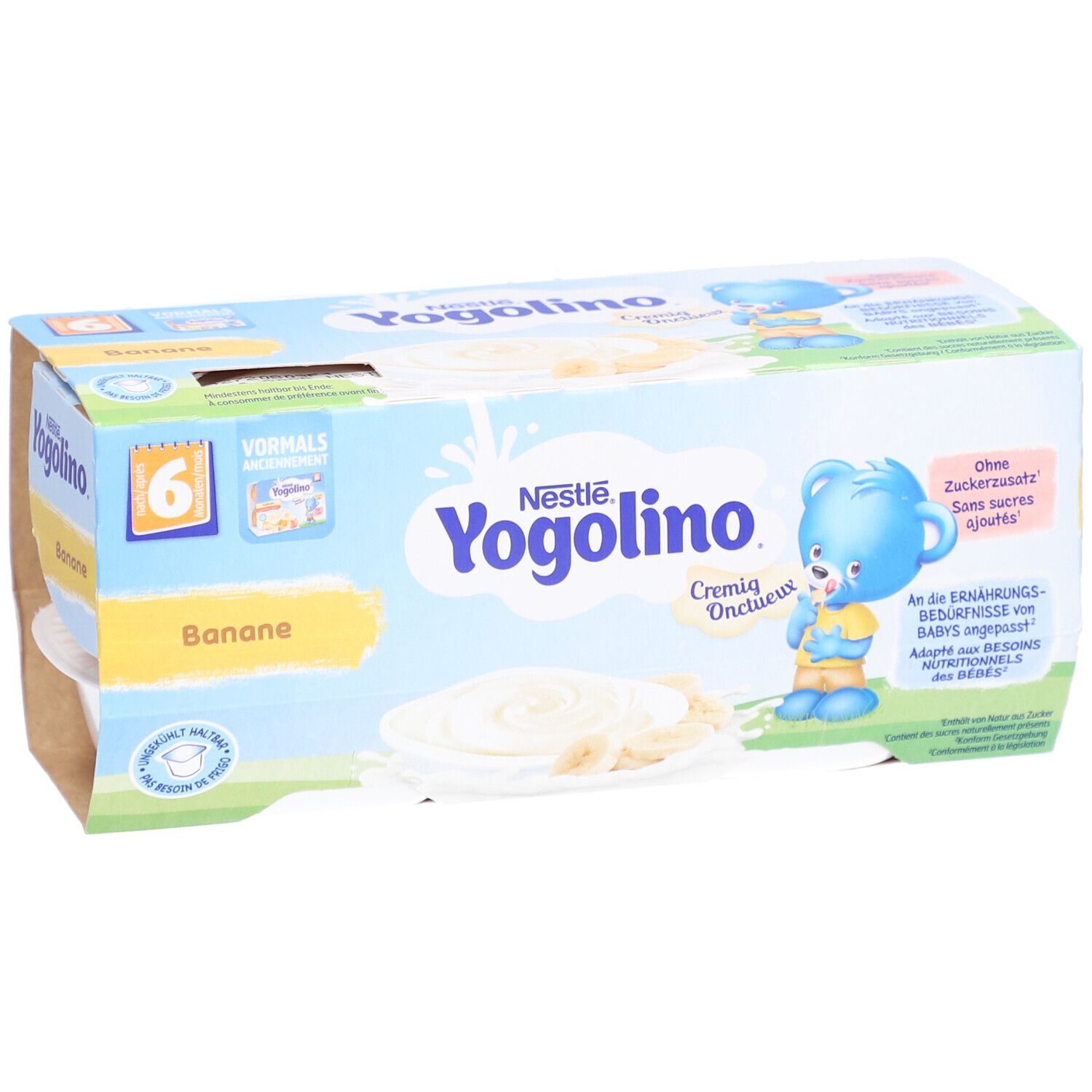 Verpackung mit 6 Bechern Yogolino Banane. Blaue Verpackung mit Produktnamen und Bär-Illustration. Bananenscheiben.