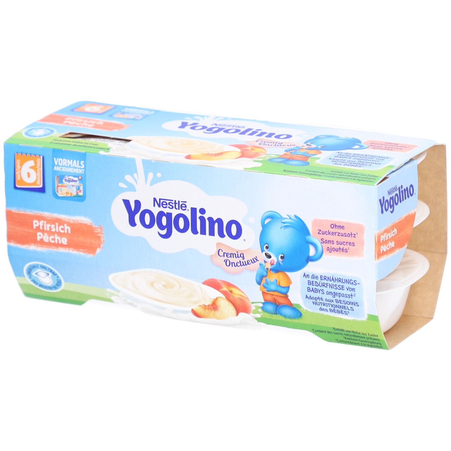 Nestlé Yogolino, 6er-Packung. Pfirsich-Püree-Joghurt-Becher. Blaue Bär-Illustration. Ohne Zuckerzusatz.