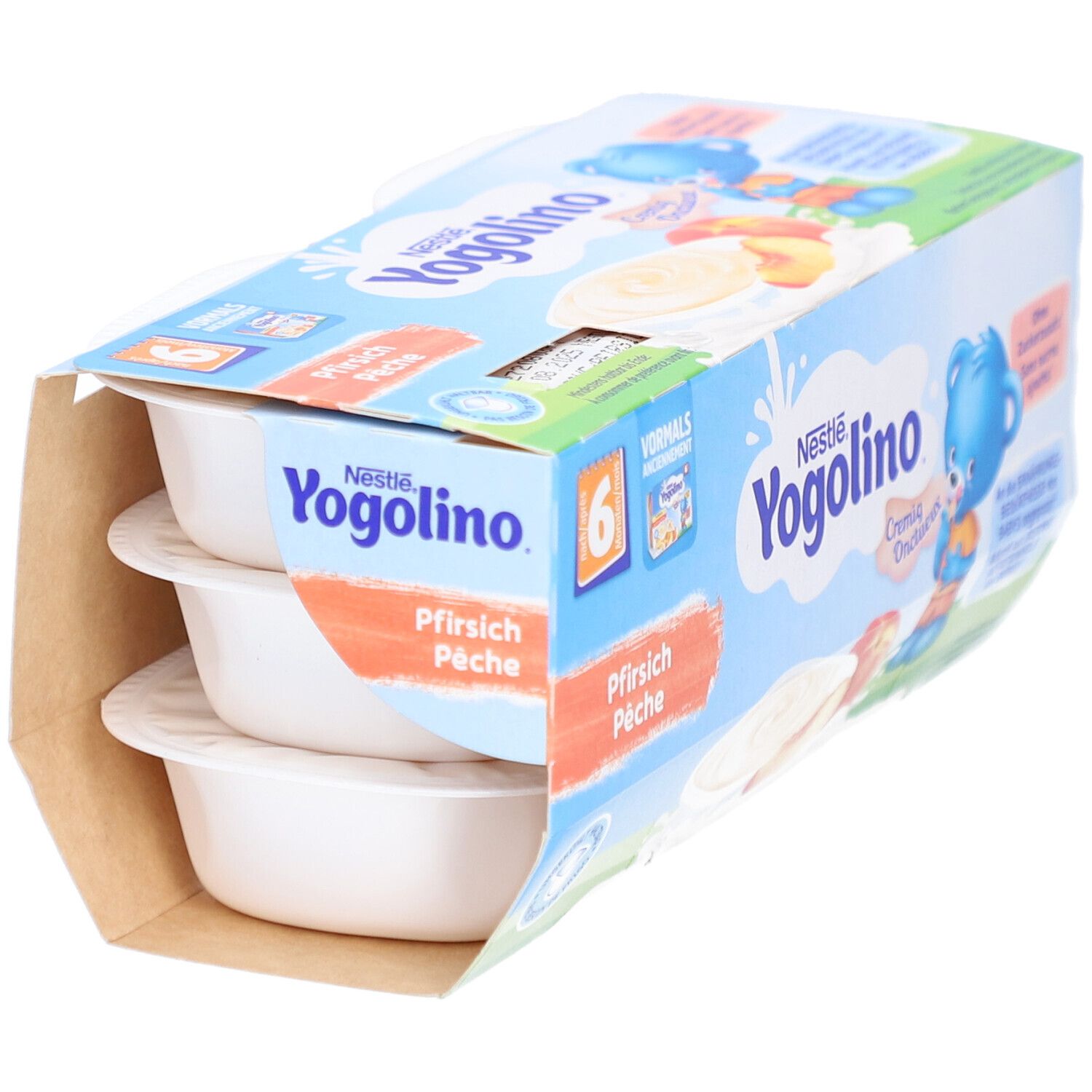 Nestlé Yogolino, 6er-Packung. Geöffnete Verpackung mit 3 Bechern. Pfirsich-Püree-Joghurt-Becher.