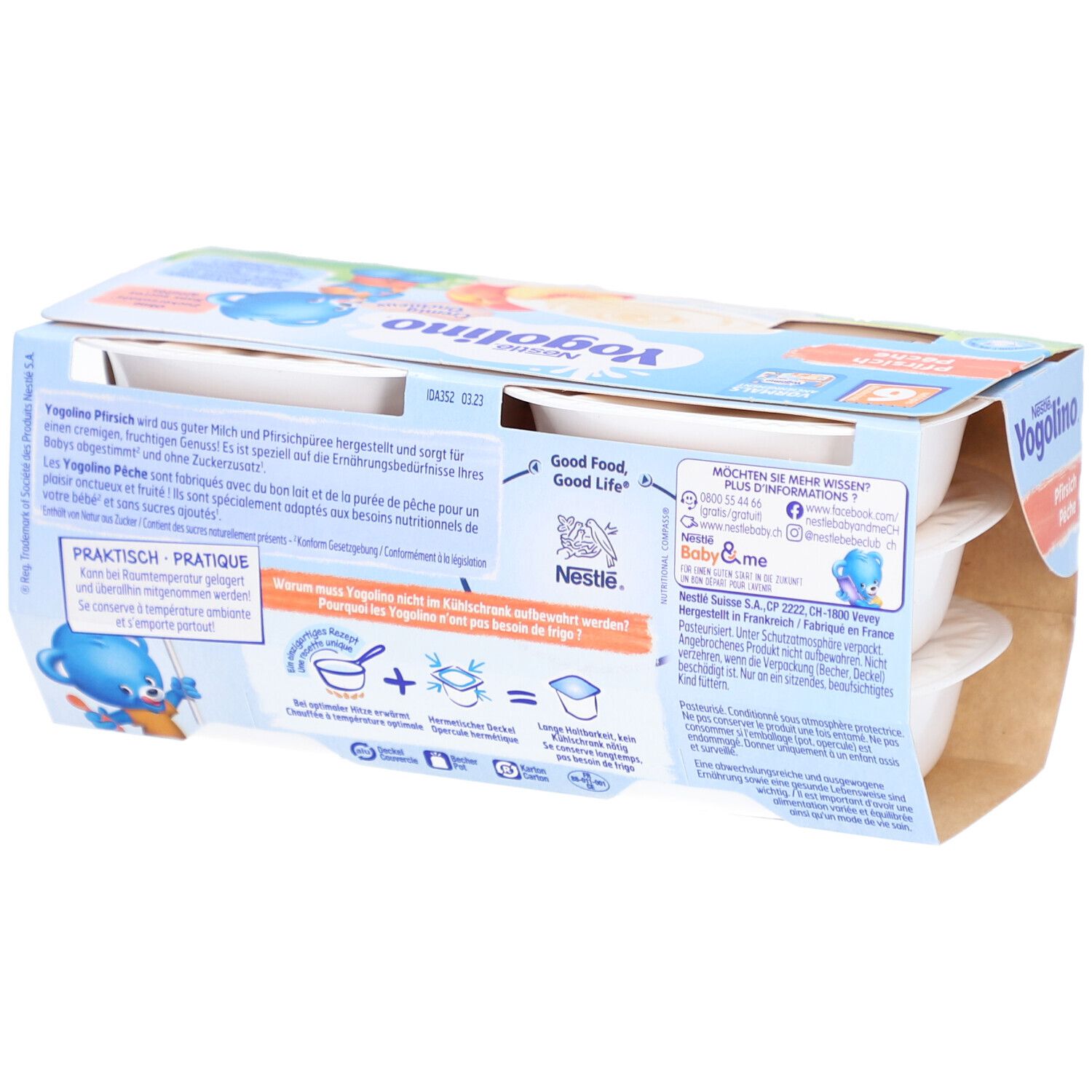 Nestlé Yogolino, 6er-Packung. Rückseite mit Informationen. Illustrationen und Text. Ohne Zuckerzusatz.