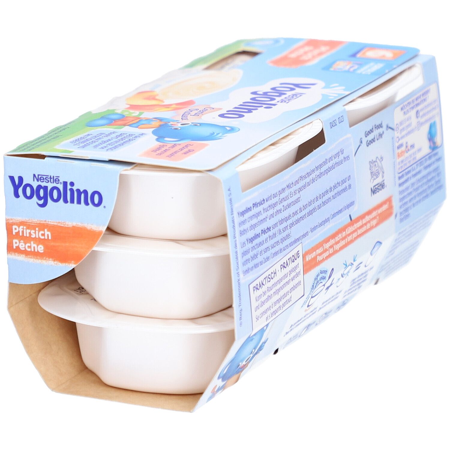 Nestlé Yogolino, 6er-Packung. Geöffnete Verpackung mit 3 Bechern. Pfirsich-Püree-Joghurt-Becher.