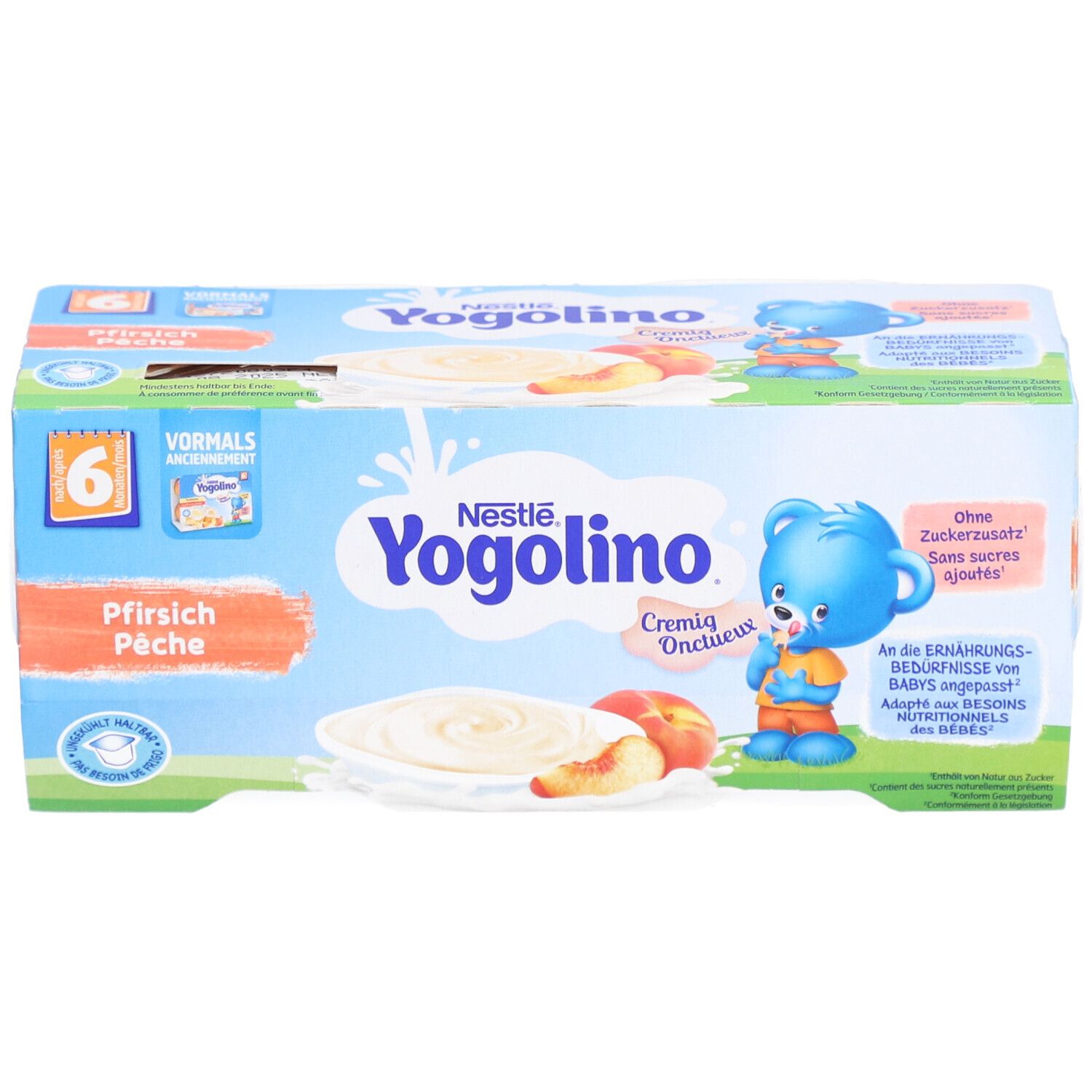 Nestlé Yogolino, 6er-Packung. Pfirsich-Püree-Joghurt-Becher. Blaue Bär-Illustration. Ohne Zuckerzusatz.
