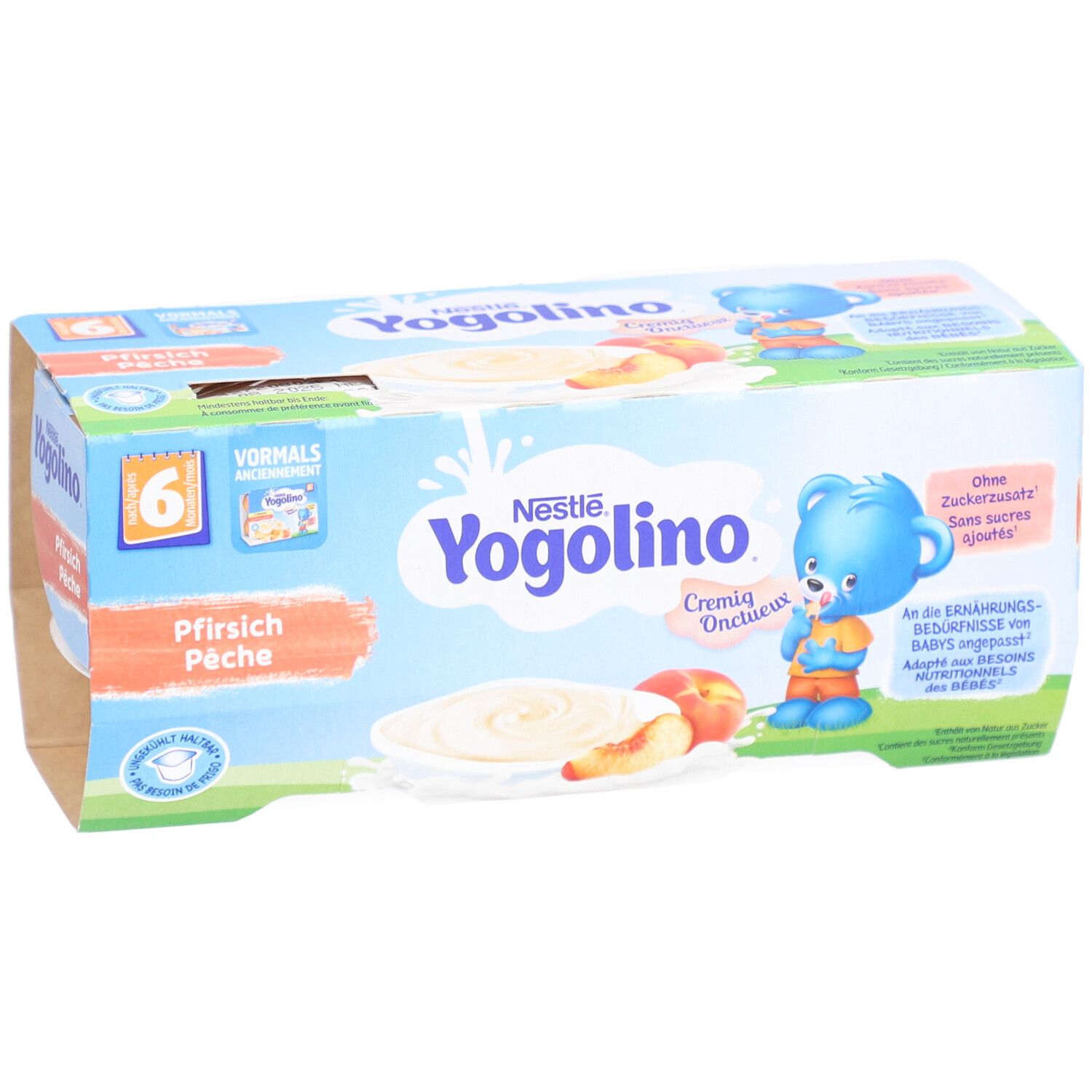 Nestlé Yogolino, 6er-Packung. Pfirsich-Püree-Joghurt-Becher. Blaue Bär-Illustration. Ohne Zuckerzusatz.