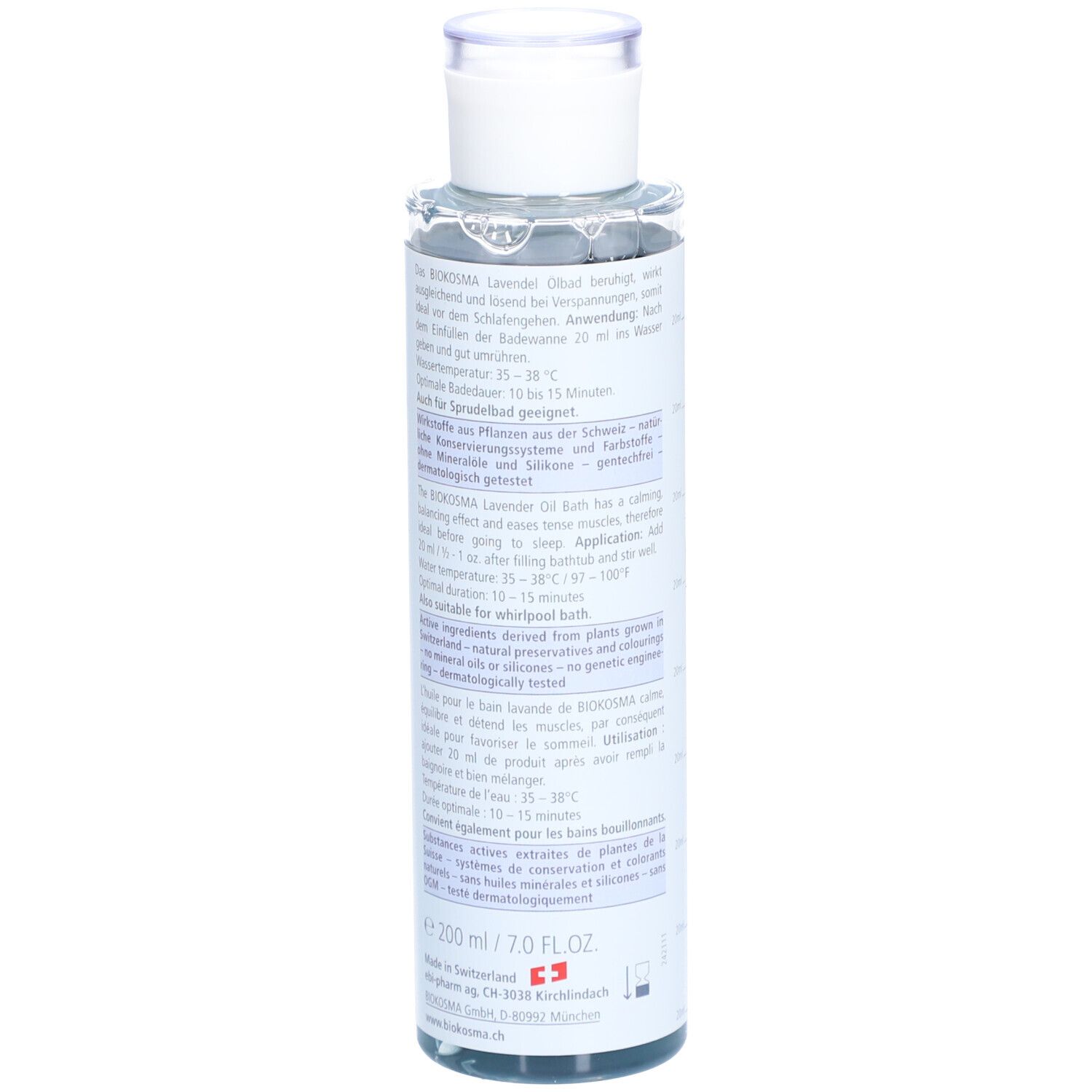BIOKOSMA Ölbad Lavendel. Rückseite der Flasche. Text mit Produktinformationen, Inhaltsstoffen und Hersteller.