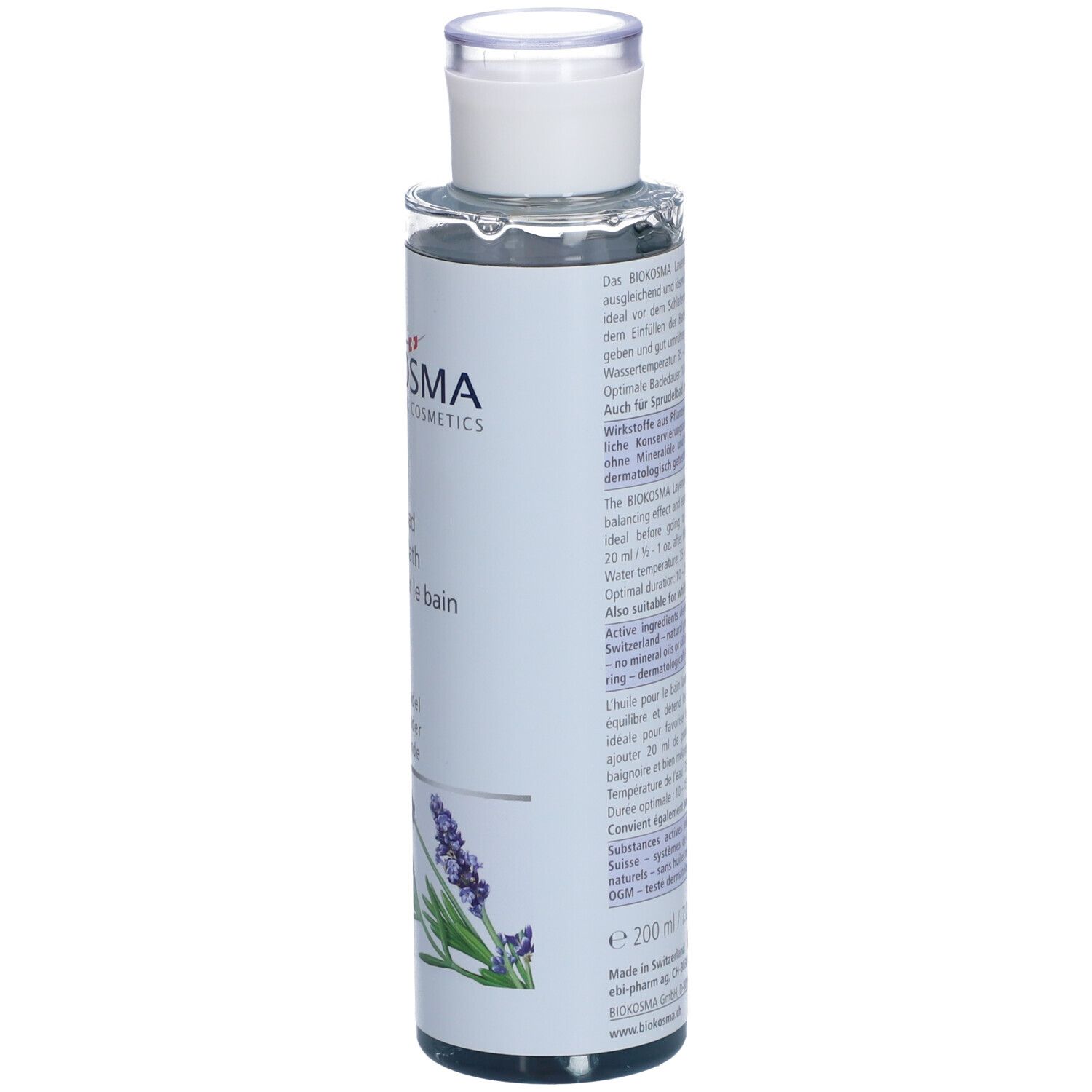 BIOKOSMA Ölbad Lavendel. Flasche, Seitenansicht. Text mit Produktinformationen, Inhaltsstoffen und Hersteller.
