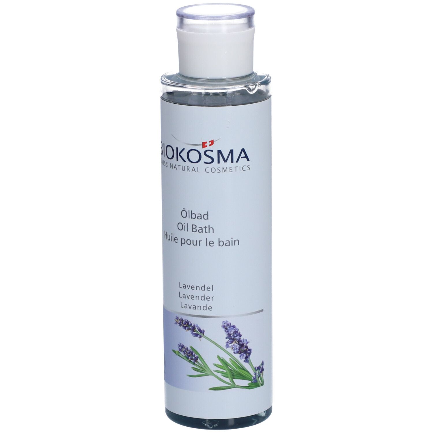 BIOKOSMA Ölbad Lavendel. Flasche mit weißem Deckel. Etikett mit Produktnamen, Lavendel-Illustration.
