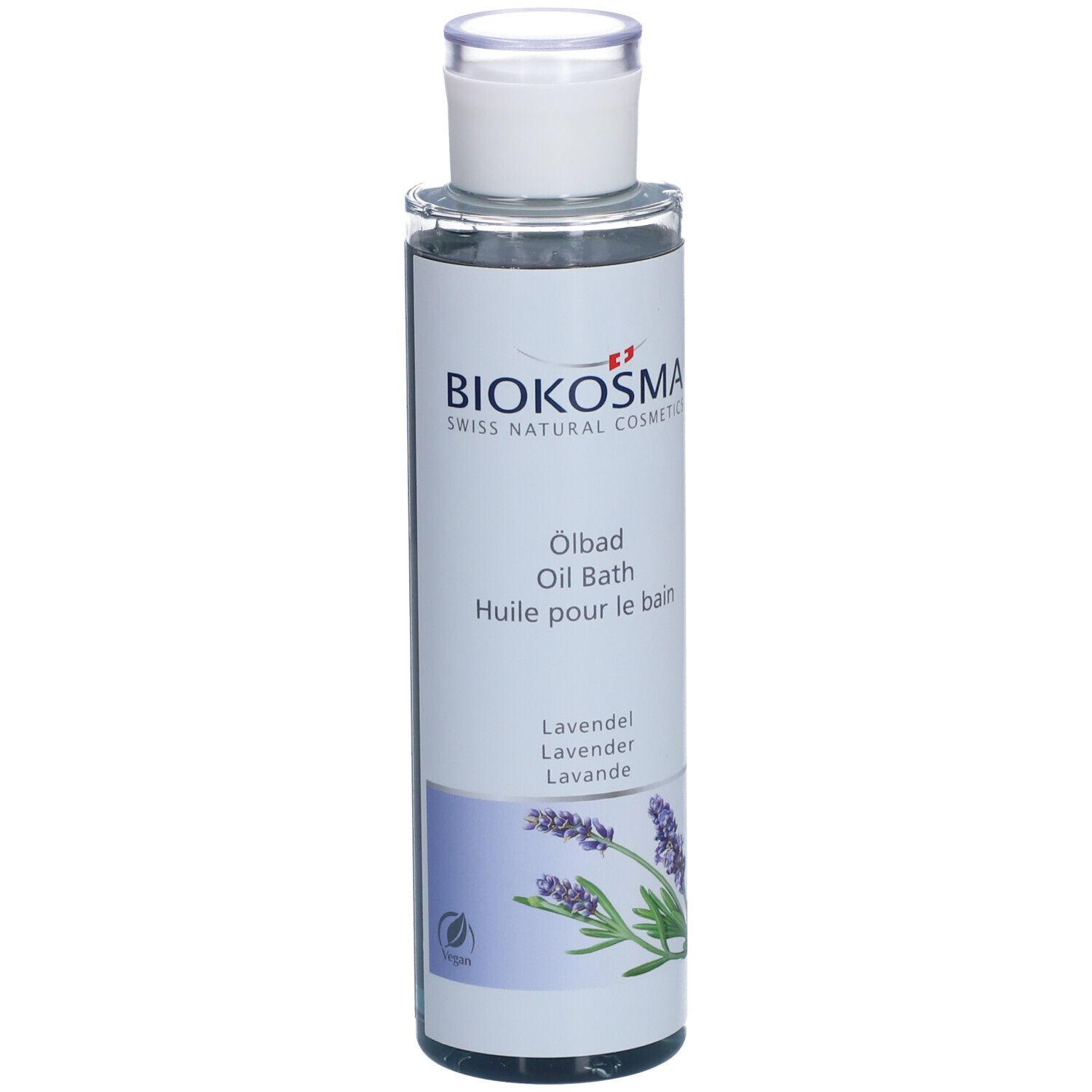 BIOKOSMA Ölbad Lavendel. Flasche mit weißem Deckel. Etikett mit Produktnamen, Lavendel-Illustration.