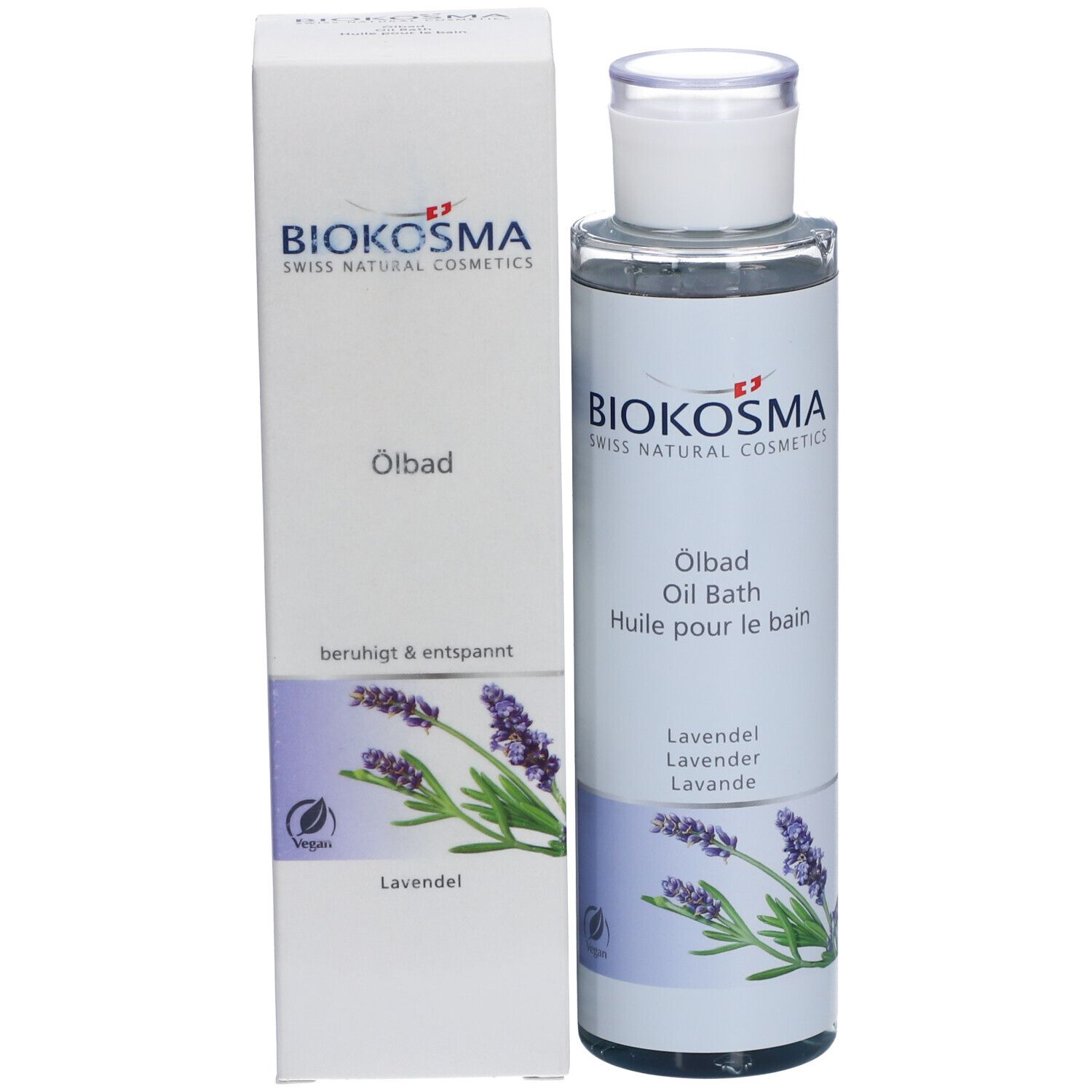 BIOKOSMA Ölbad Lavendel und Verpackung. Flasche und Karton. Karton mit Produktnamen, Lavendel-Illustration.