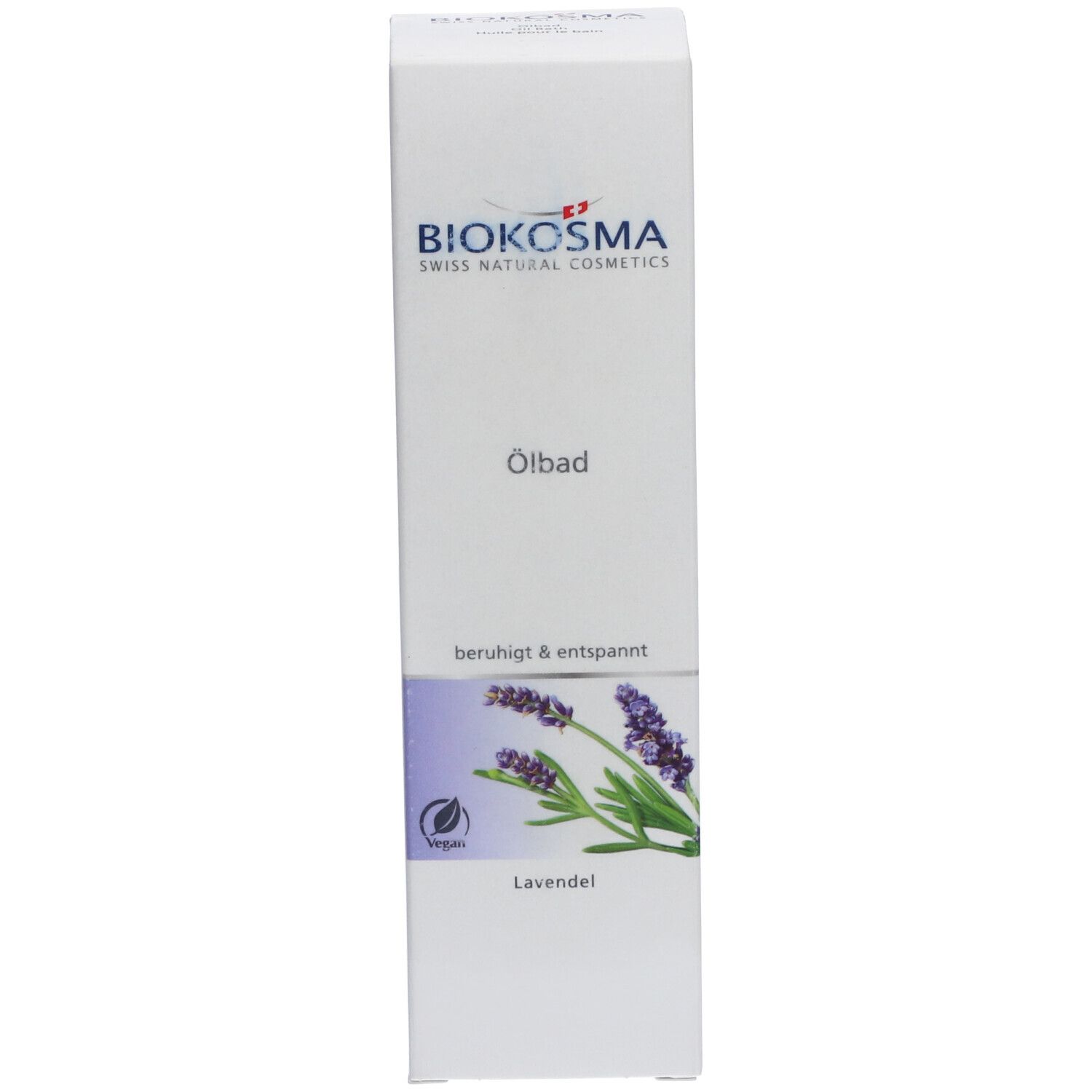 BIOKOSMA Ölbad Lavendel. Verpackung. Karton mit Produktnamen, Lavendel-Illustration und Text.