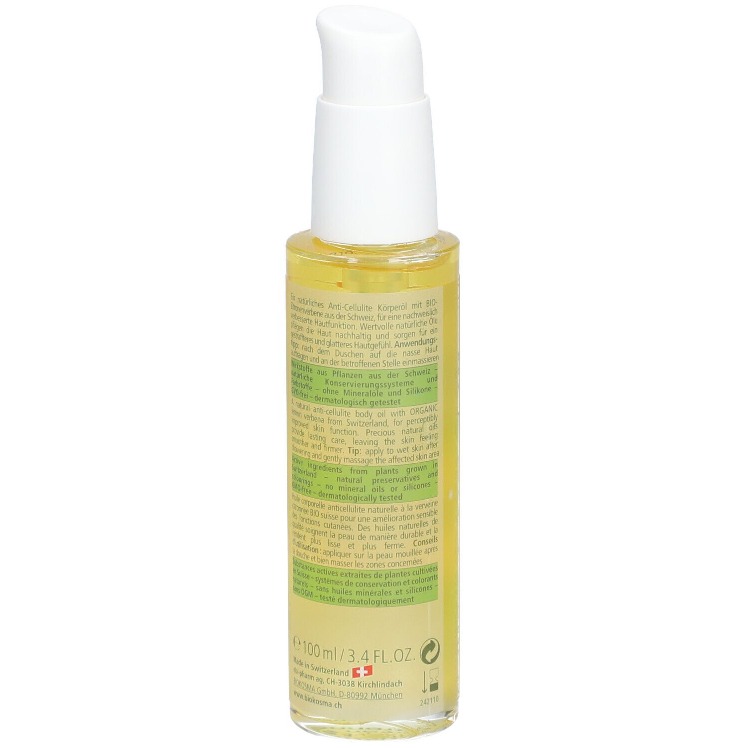 Flacon jaune avec pompe blanche. Inscription BIOKOSMA, Huile corporelle anticellulite. Étiquette verte et blanche avec feuilles.