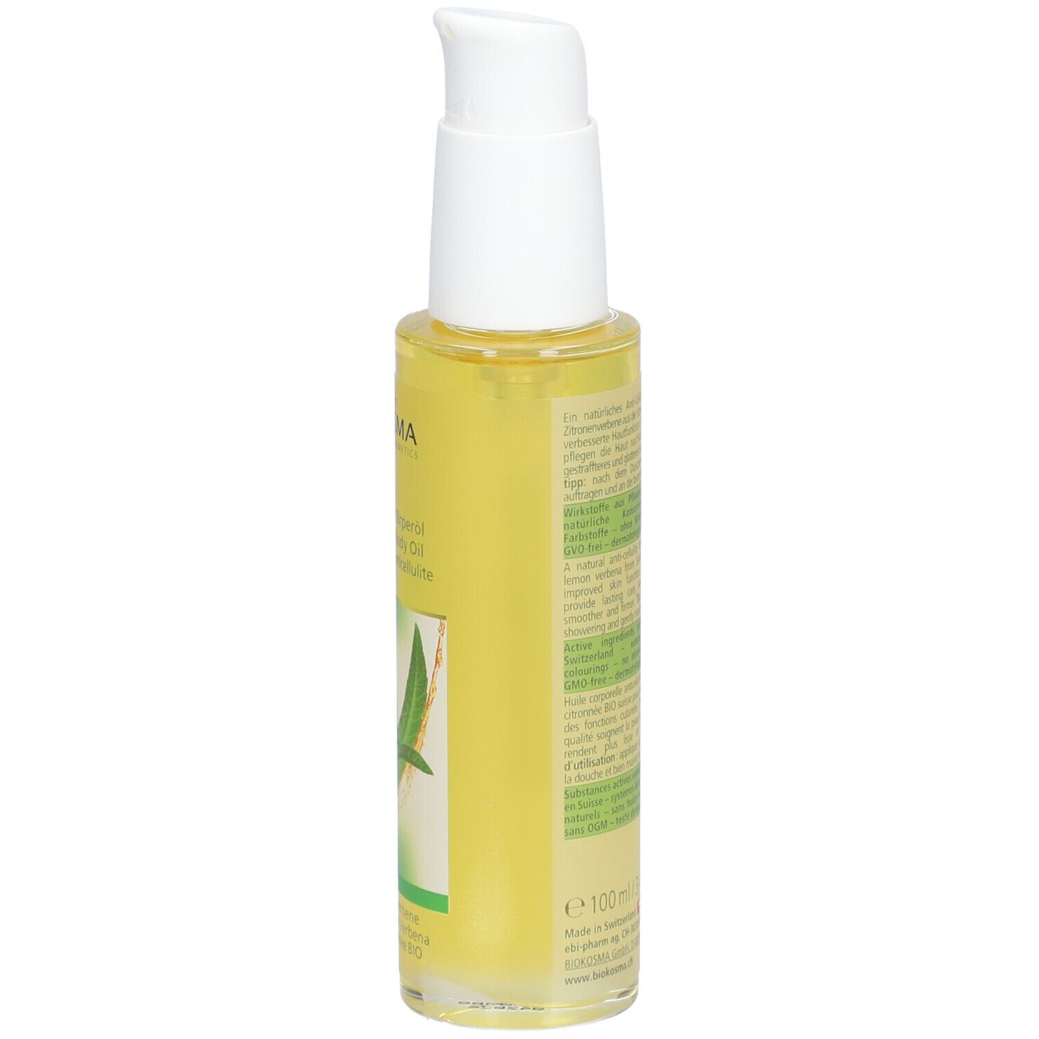 Flacon jaune avec pompe blanche. Inscription BIOKOSMA, Huile corporelle anticellulite. Étiquette verte et blanche avec feuilles.