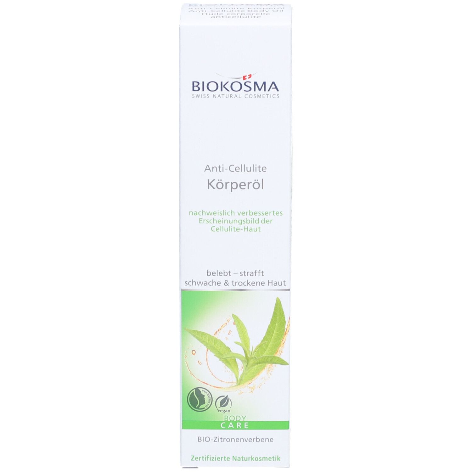 Boîte blanche avec inscription BIOKOSMA, Huile corporelle anticellulite. Design vert et blanc avec feuilles. Texte : tonifie, raffermit, peau sèche.