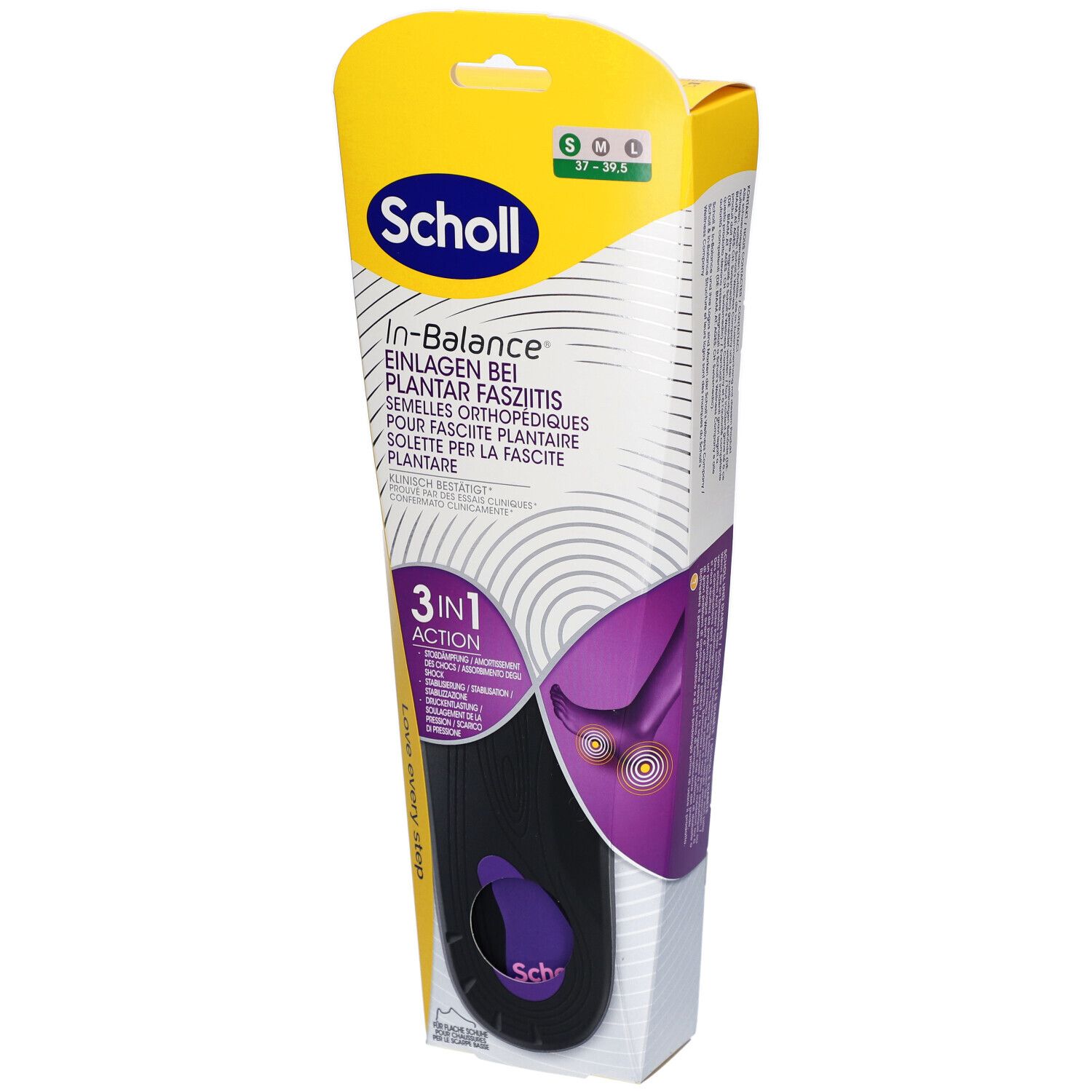 Emballage Scholl In-Balance. Nom et logo visibles. Taille S, pour fasciite plantaire. Action 3-en-1.