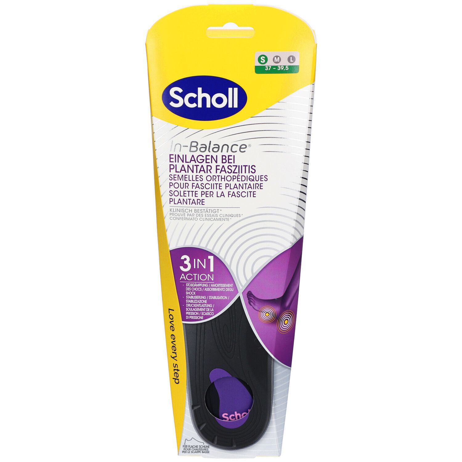 Emballage Scholl In-Balance. Nom et logo visibles. Taille S, pour fasciite plantaire. Action 3-en-1.