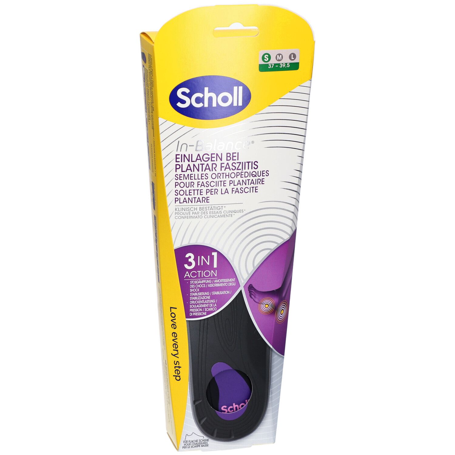 Emballage Scholl In-Balance. Nom et logo visibles. Taille S, pour fasciite plantaire. Action 3-en-1.