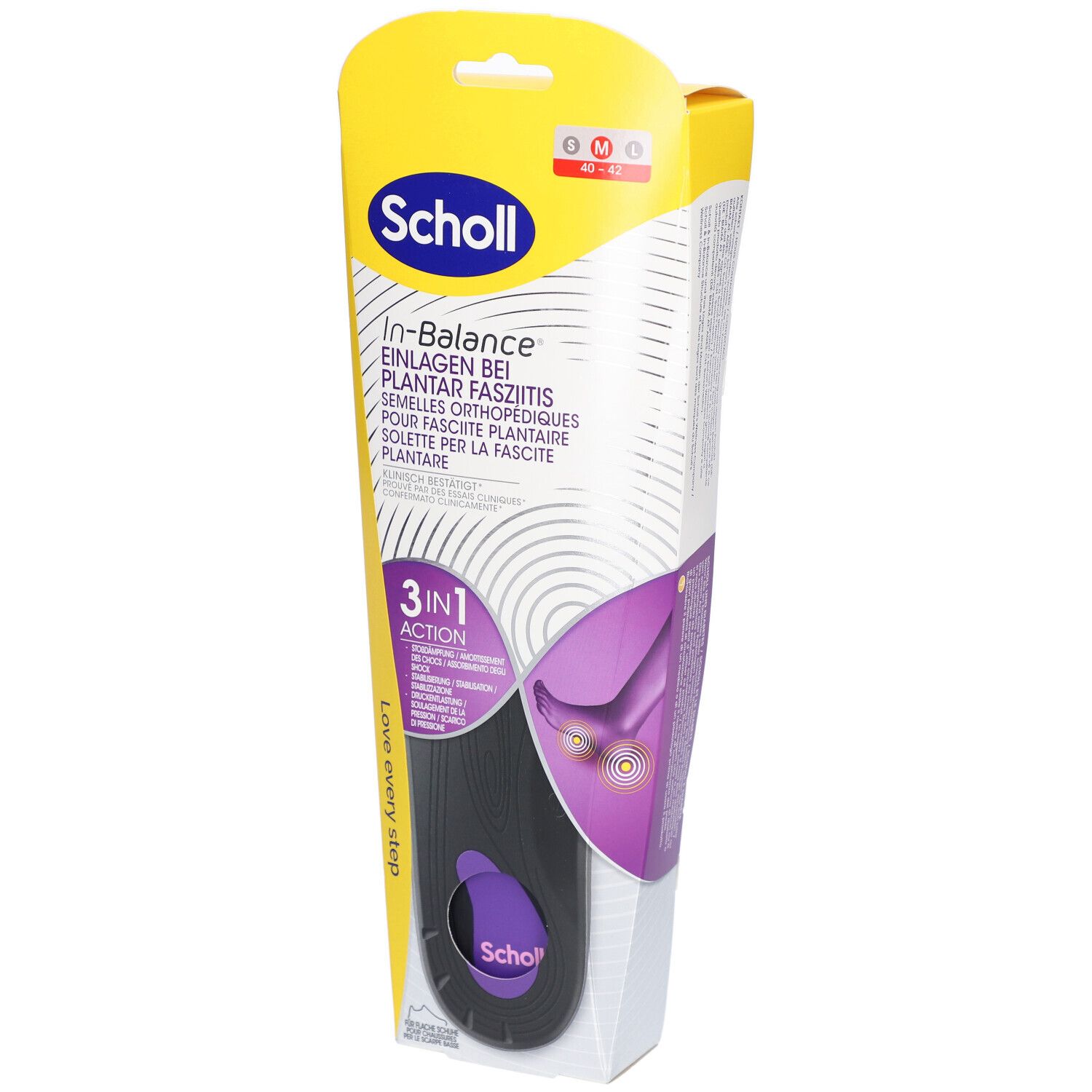 Verpackung von Scholl In-Balance Einlegesohlen. Enthält Sohlen für Plantarfasziitis. Größe M. Gelb-weißes Design mit Produktabbildung.