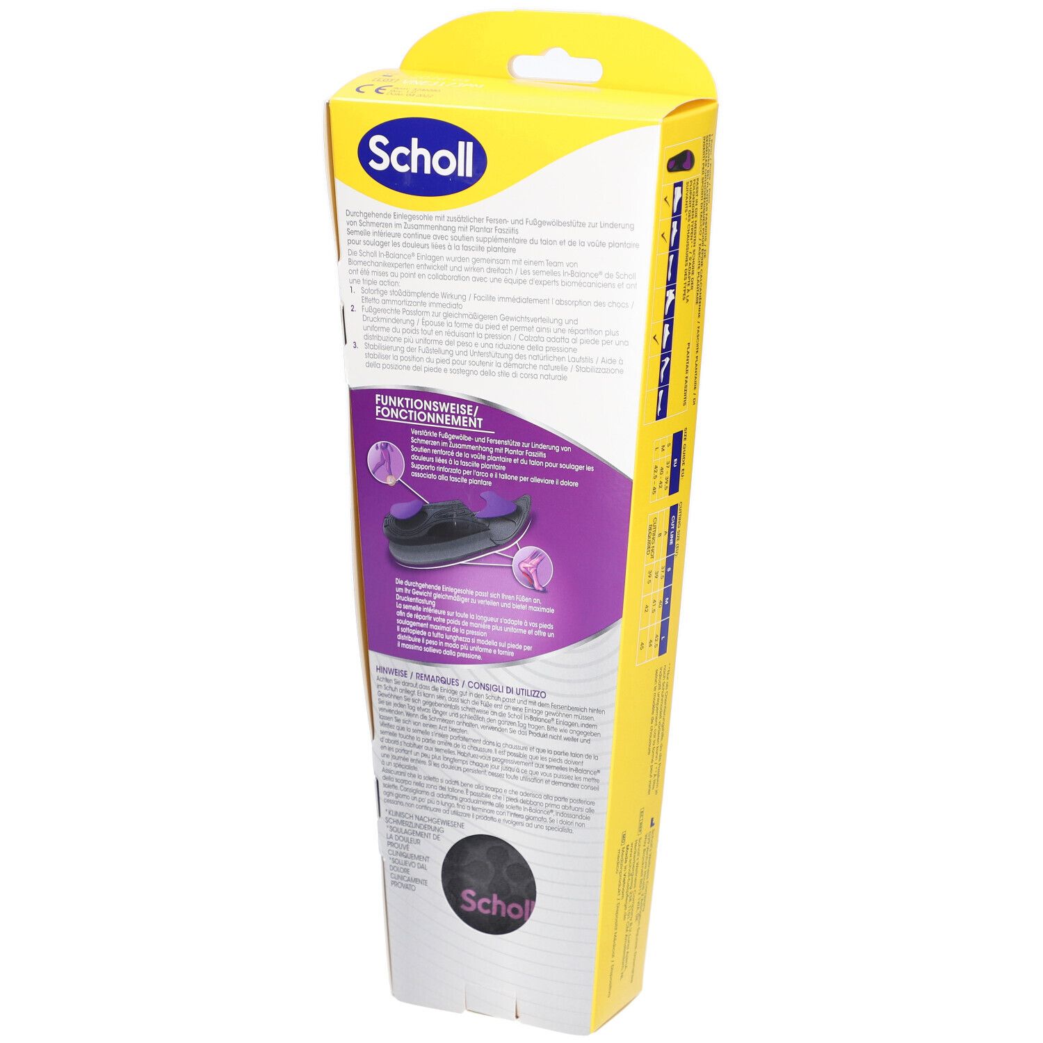 Rückseite der Scholl In-Balance Einlegesohlen-Verpackung. Gelb-weißes Design mit Produktinformationen und Funktionsweise.
