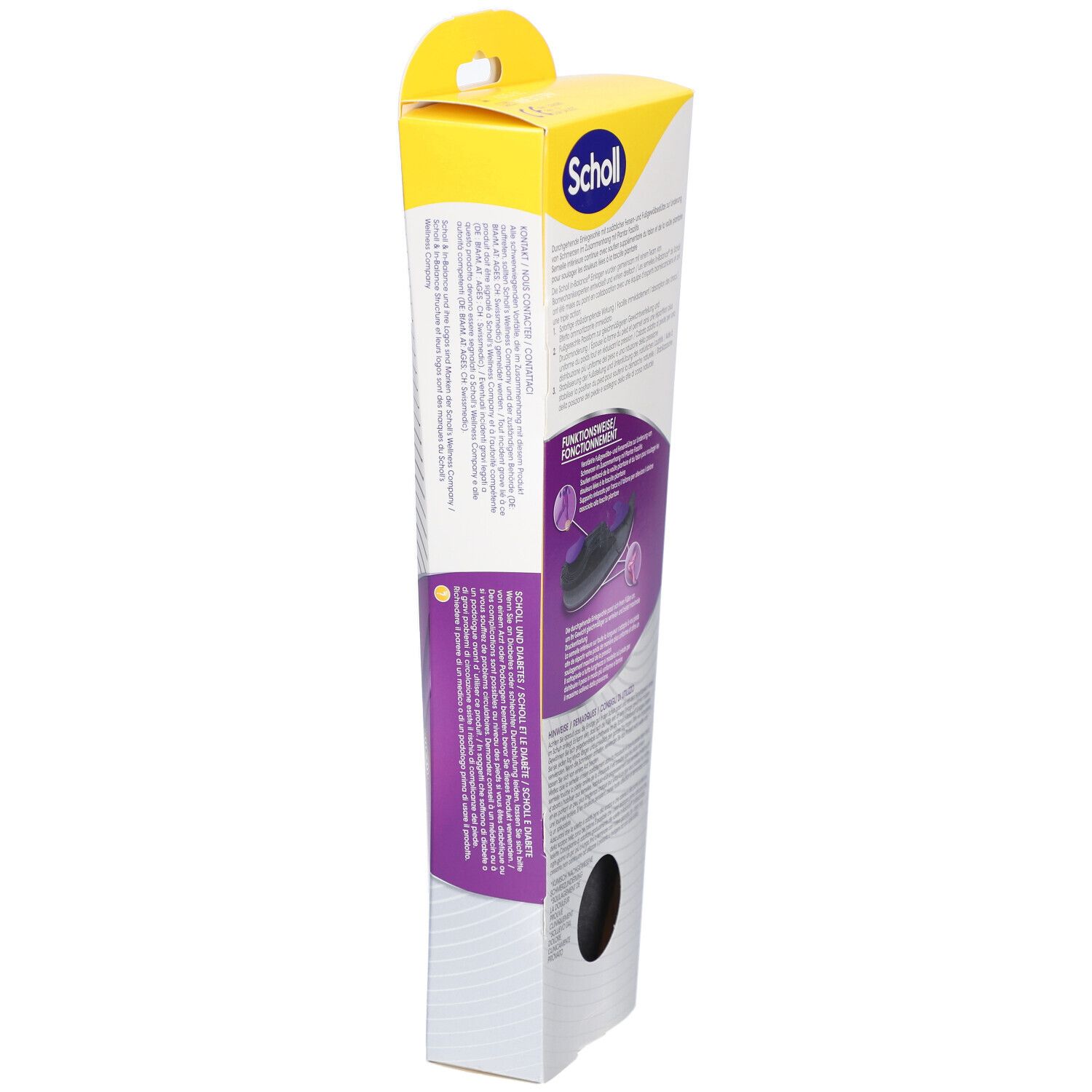 Seitenansicht der Scholl In-Balance Einlegesohlen-Verpackung. Gelb-weißes Design mit Produktinformationen und Funktionsweise.