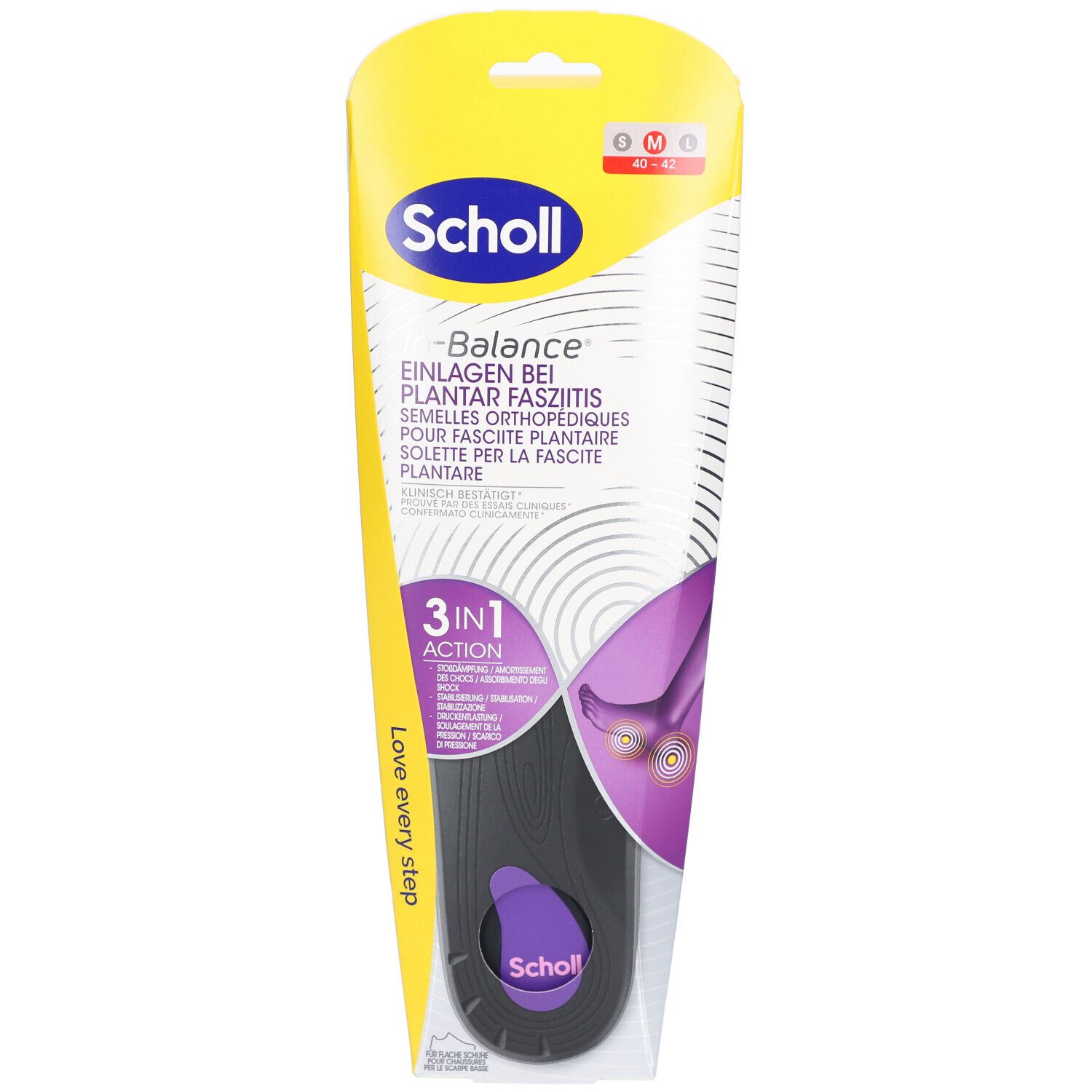 Scholl In-Balance Einlegesohlen-Verpackung. Enthält Sohlen für Plantarfasziitis. Größe M. Gelb-weißes Design mit Produktabbildung.
