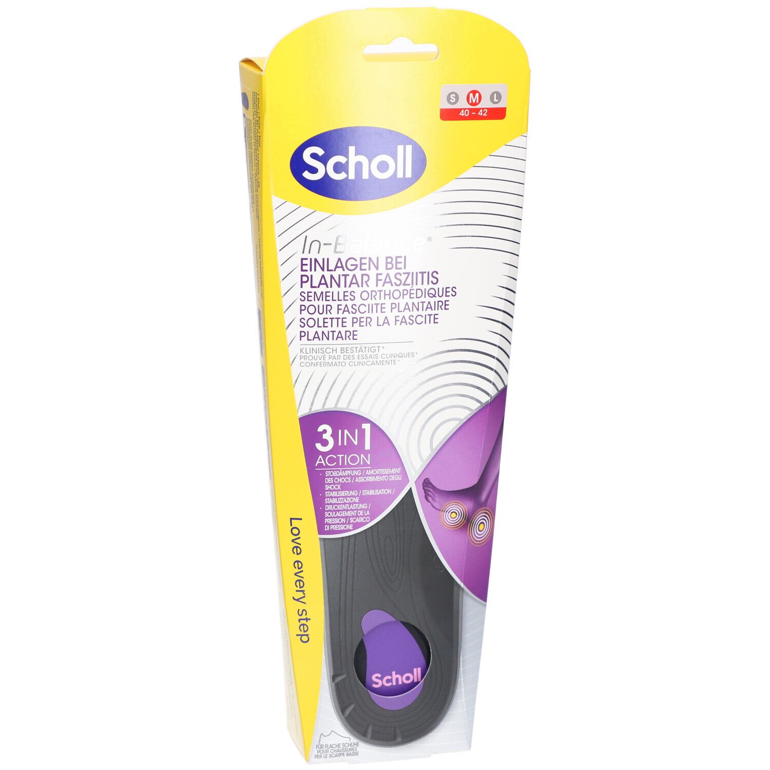Scholl In-Balance Einlegesohlen-Verpackung. Enthält Sohlen für Plantarfasziitis. Größe M. Gelb-weißes Design mit Produktabbildung.