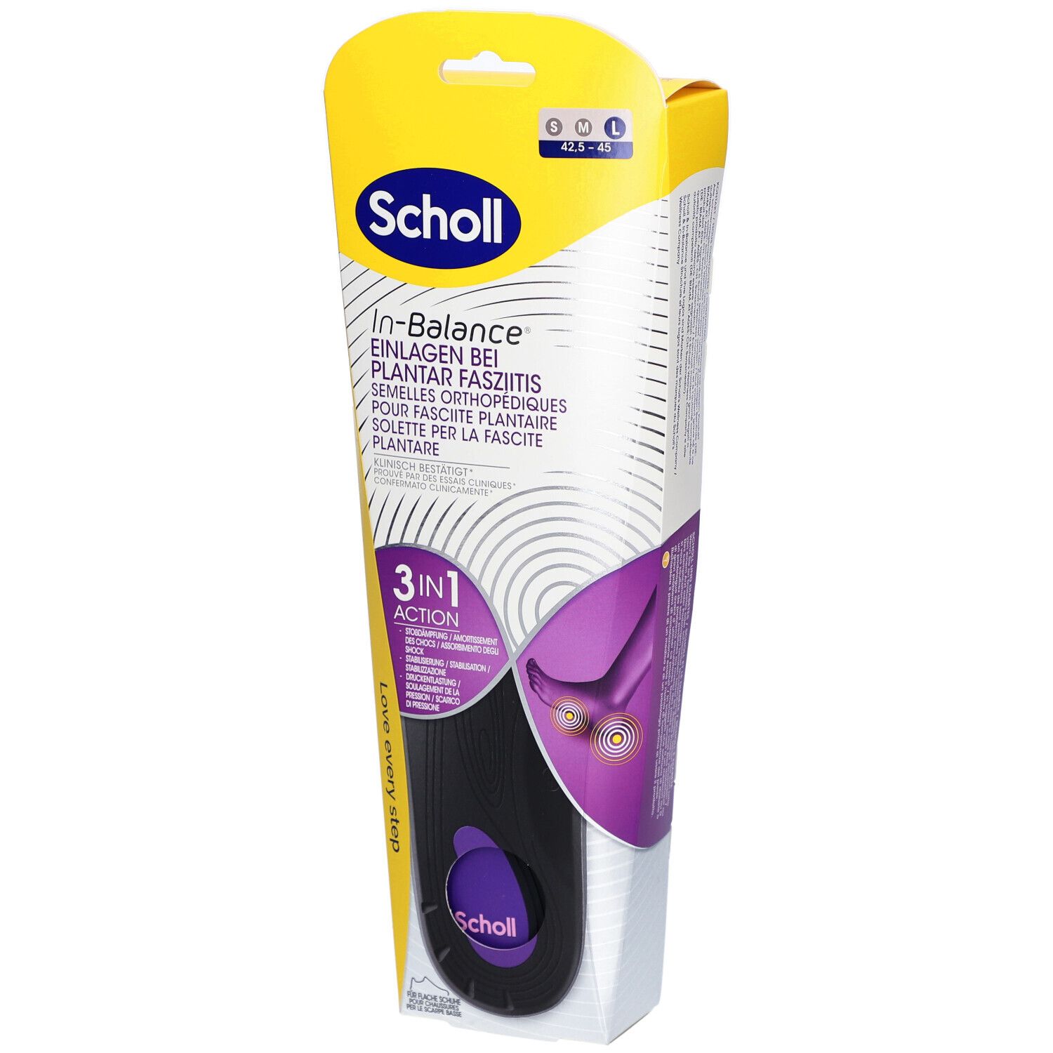 Semelles Scholl In-Balance, taille L, en emballage. Nom et logo visibles. Semelle intérieure noire avec accents violets.