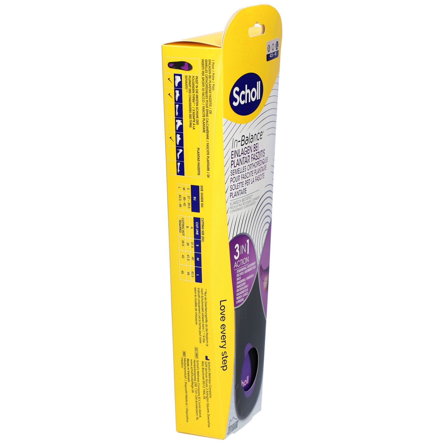 Emballage des semelles Scholl In-Balance, taille L. Vue latérale avec informations et logo. Jaune et blanc.