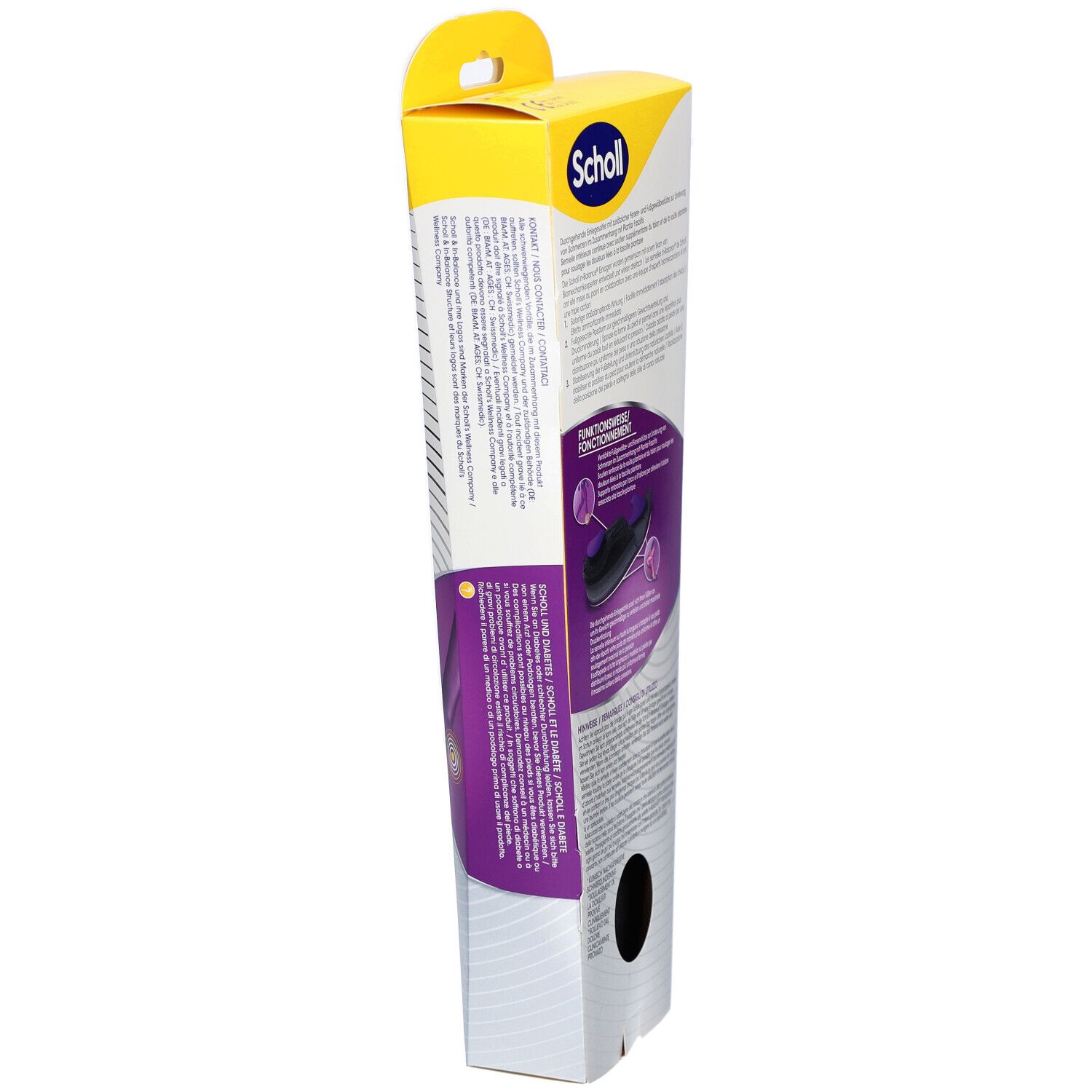 Vue latérale de l'emballage des semelles Scholl In-Balance. Informations et logo visibles. Jaune et blanc.