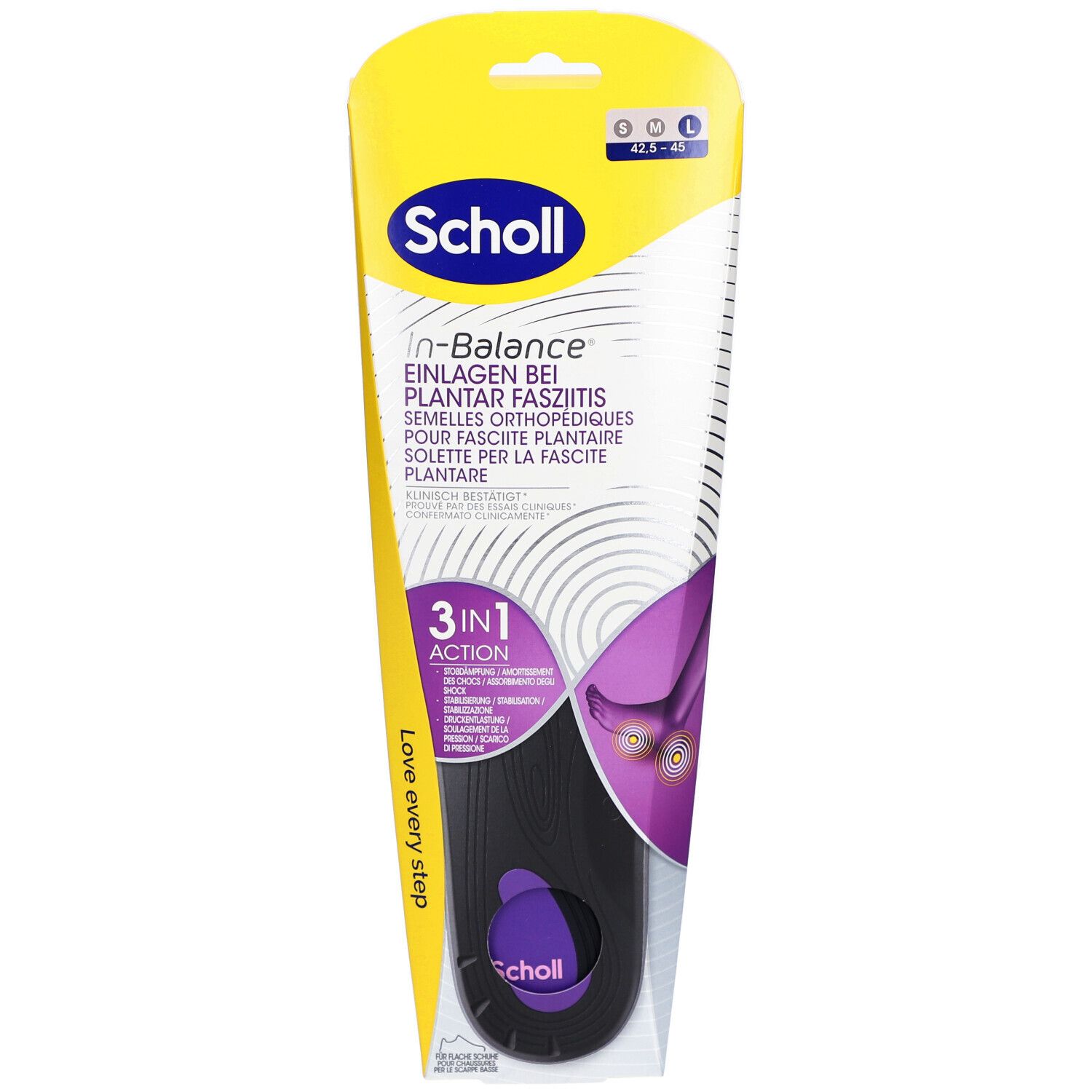 Semelles Scholl In-Balance, taille L, en emballage. Nom et logo visibles. Semelle intérieure noire avec accents violets.