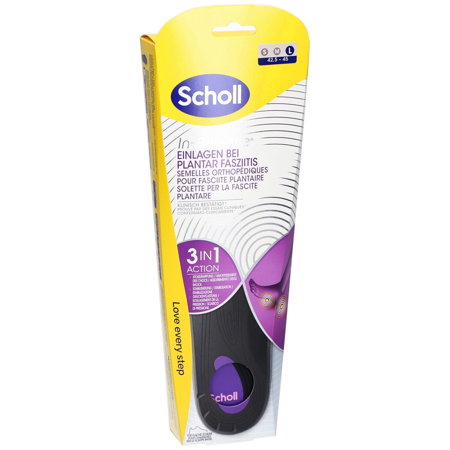Semelles Scholl In-Balance, taille L, en emballage. Nom et logo visibles. Semelle intérieure noire avec accents violets.