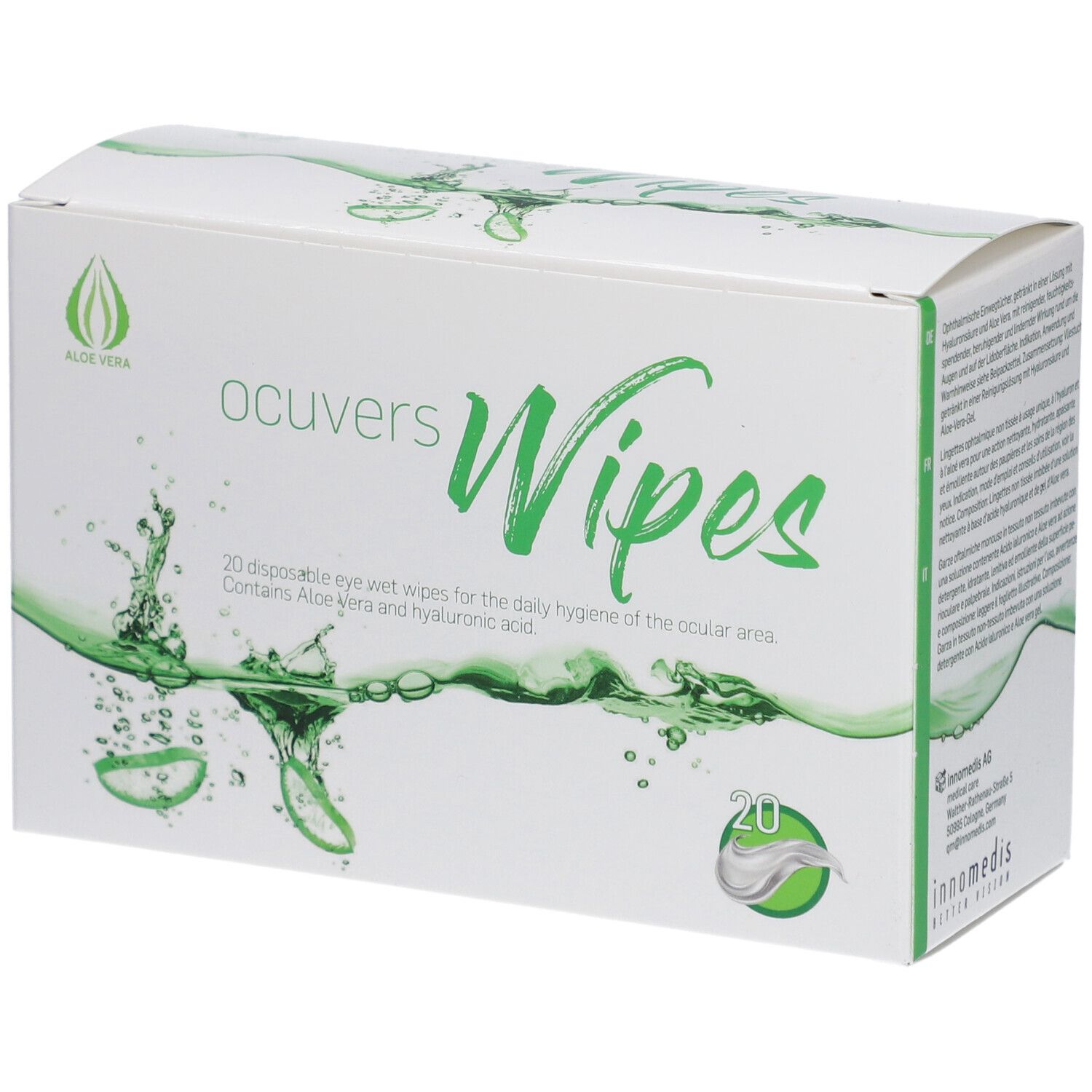 Weiße Schachtel mit "ocuvers Wipes"-Logo und grünen Akzenten. Enthält 20 feuchte Tücher. Aloe Vera-Logo.