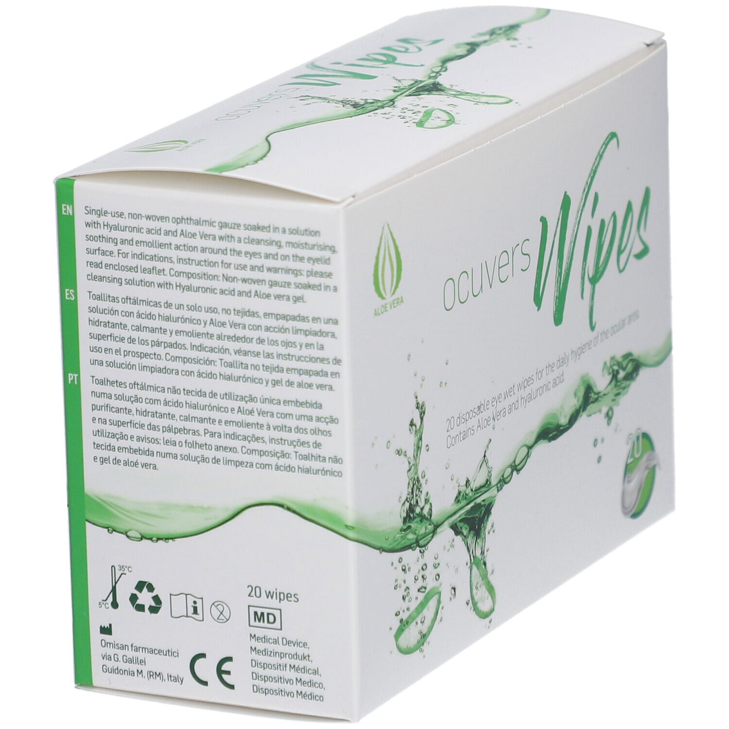 Schachtel mit "ocuvers Wipes". Text in mehreren Sprachen. Enthält 20 Tücher. CE-Kennzeichnung.