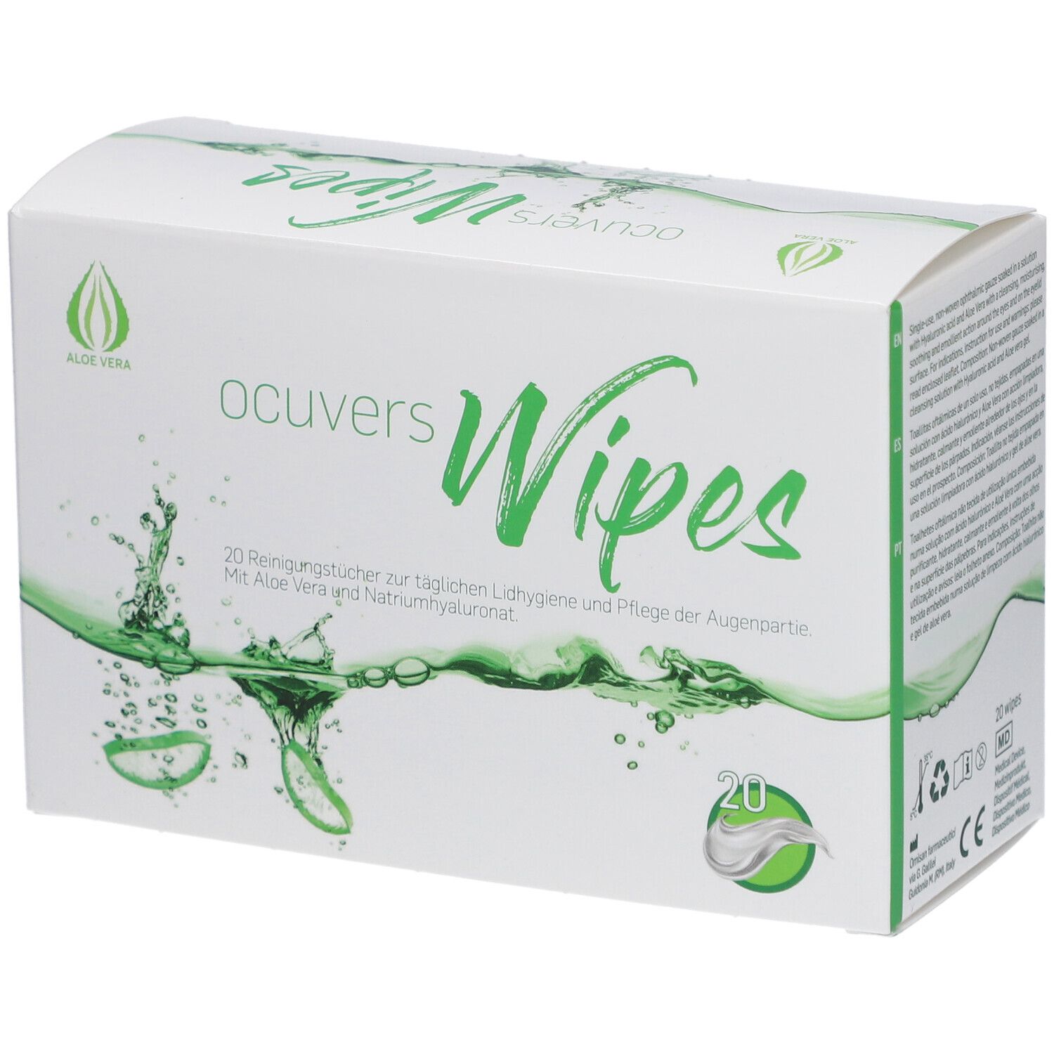Weiße Schachtel mit "ocuvers Wipes"-Logo und grünen Akzenten. Enthält 20 Reinigungstücher. Aloe Vera-Logo.