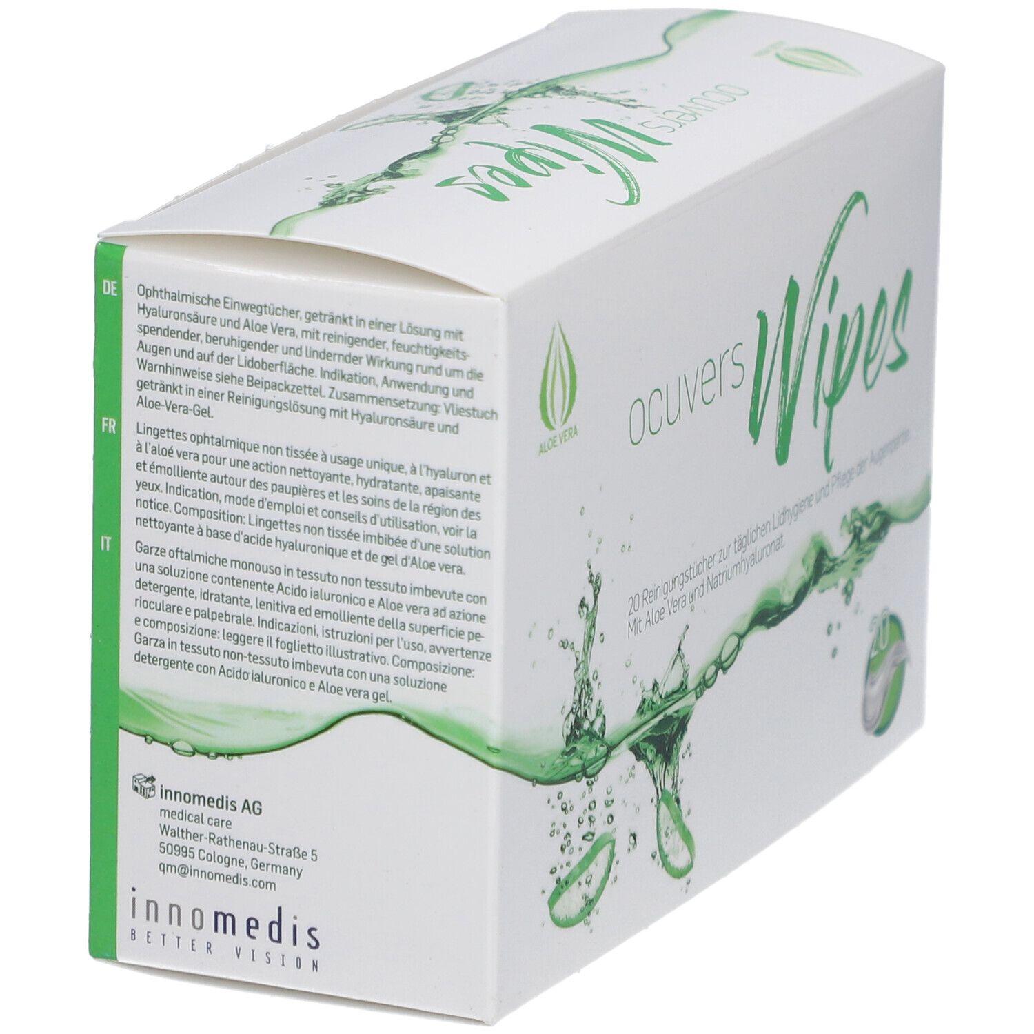 Schachtel "ocuvers Wipes" mit Text in mehreren Sprachen. Aloe Vera-Logo. 20 Reinigungstücher.