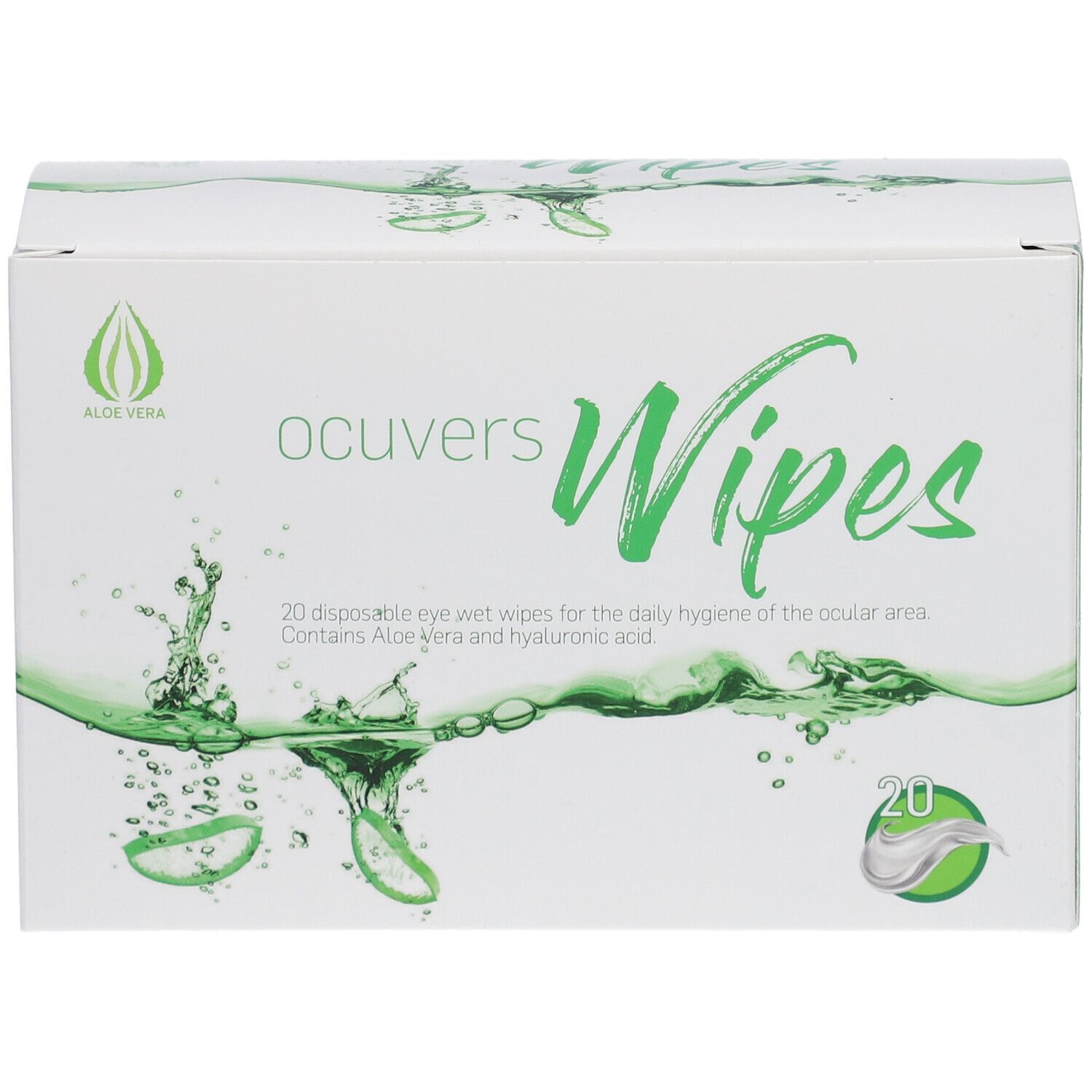 Weiße Schachtel mit "ocuvers Wipes"-Logo und grünen Akzenten. Enthält 20 feuchte Tücher. Aloe Vera-Logo.