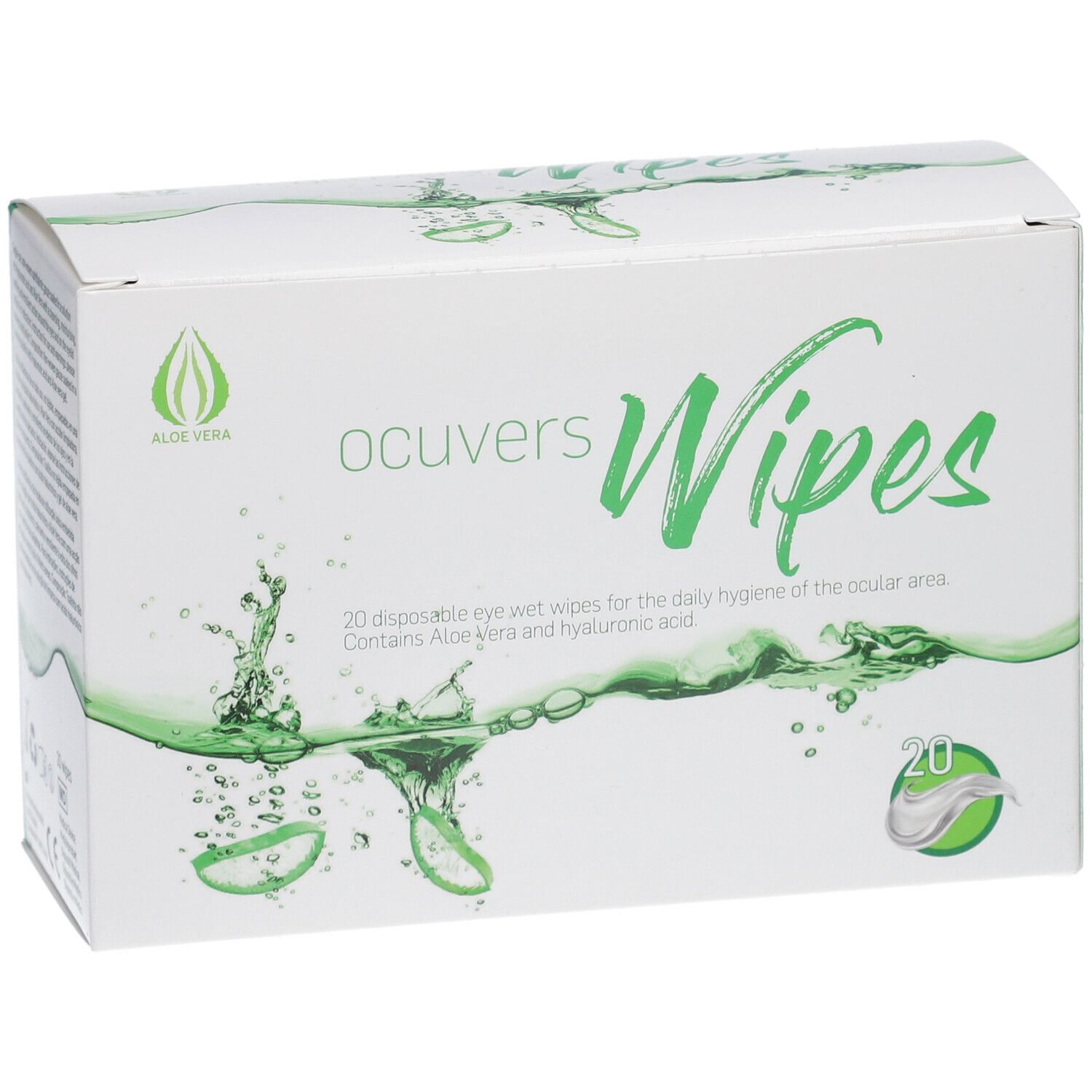 Weiße Schachtel mit "ocuvers Wipes"-Logo und grünen Akzenten. Enthält 20 feuchte Tücher. Aloe Vera-Logo.