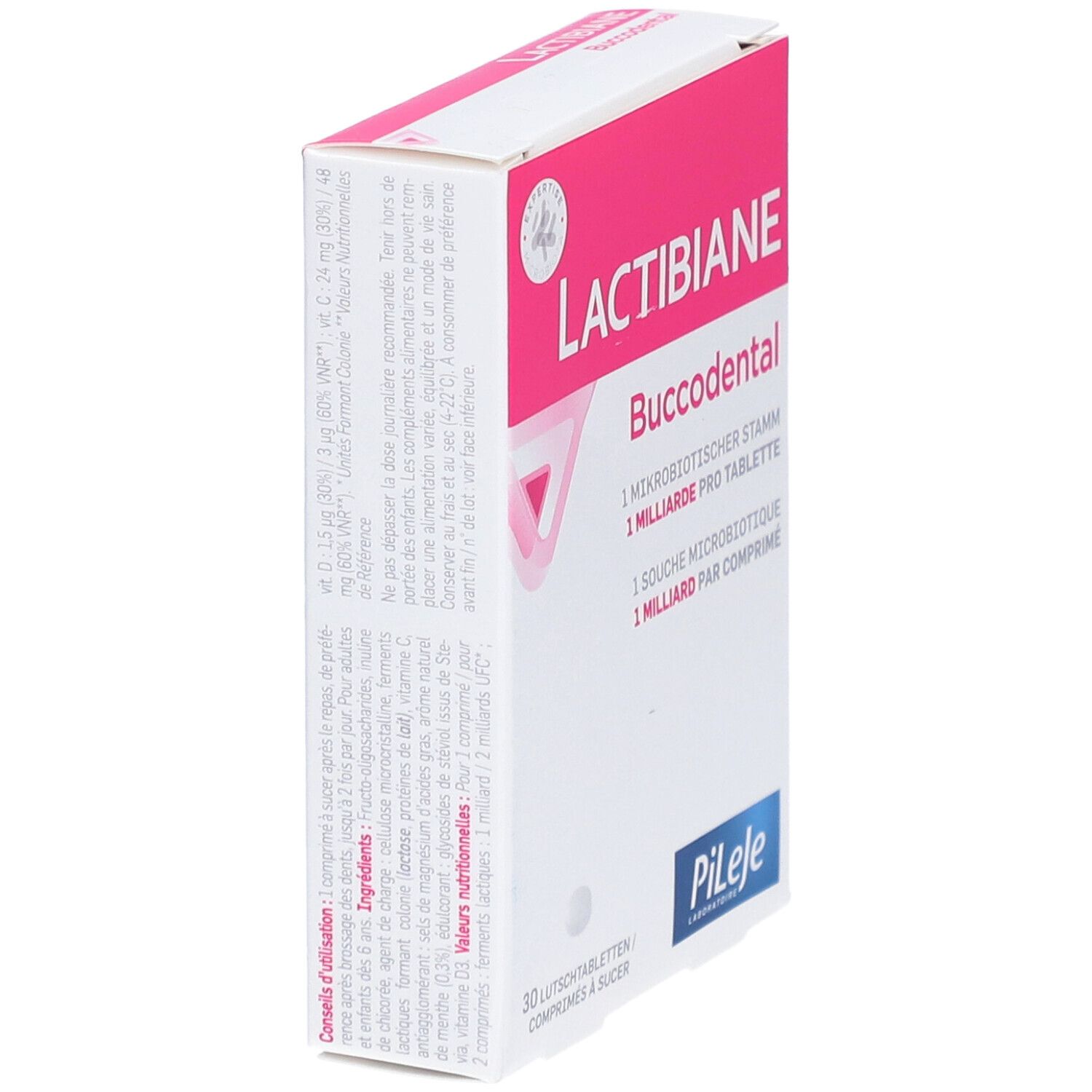 Boîte Lactibiane Buccodental, en biais. Emballage rose et blanc. Texte et logo Pileje.